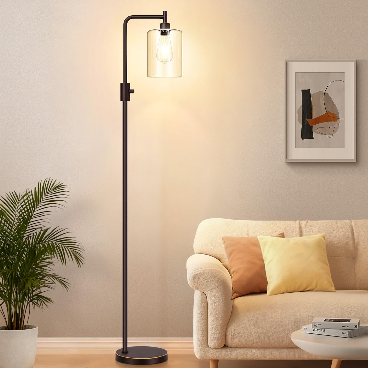 ?Upgraded?Dimmable Floor Lamp for Living Room with Glass Lampshade, Brown and Gold Modern Floor Lamp with 900LM LED Bulb Include