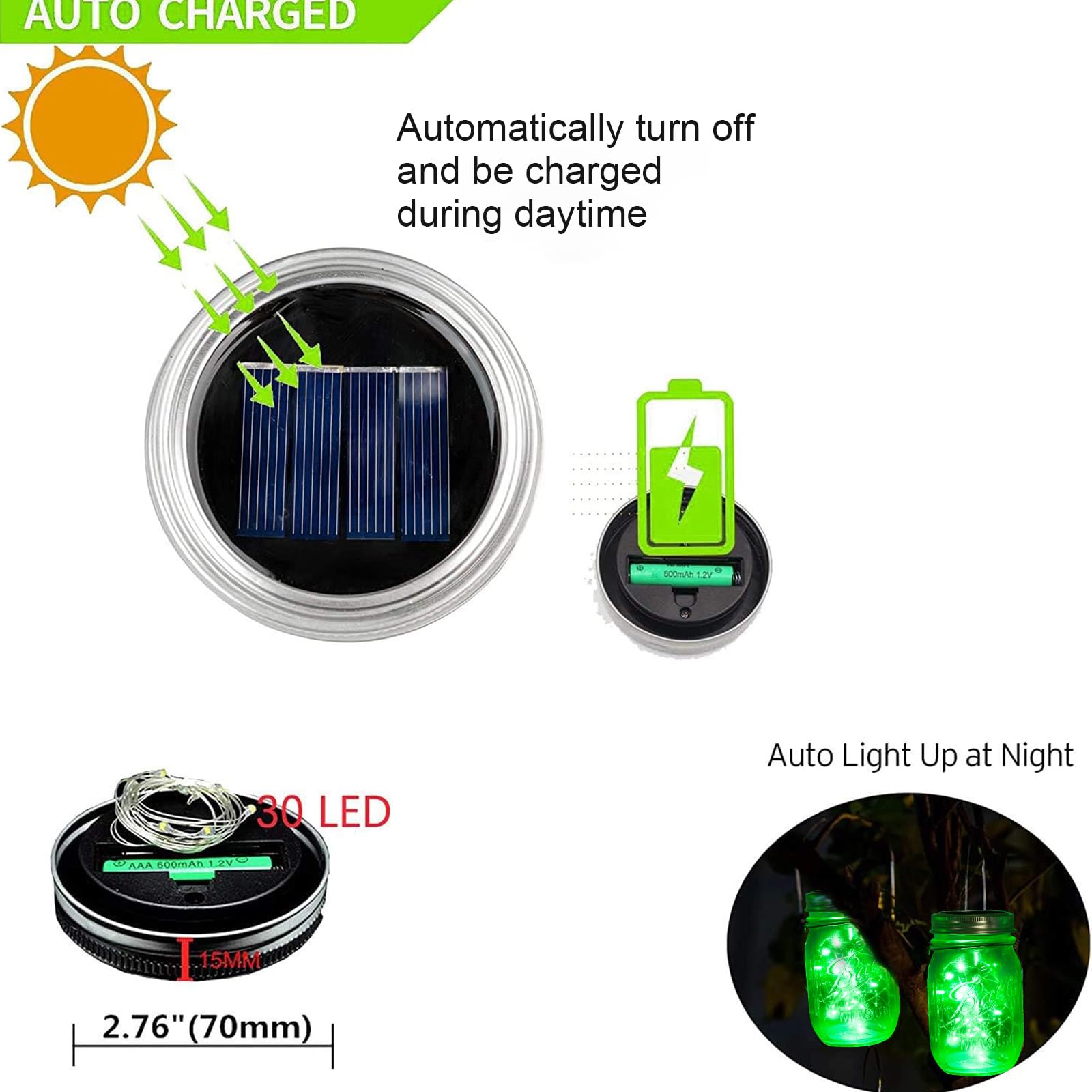 Znycye Solar Mason Jar Lights, 12 Pack 30 Led Fairy Firefly Mason Jar Lids Outdoor Waterproof String Lights With Hangers(No Jars