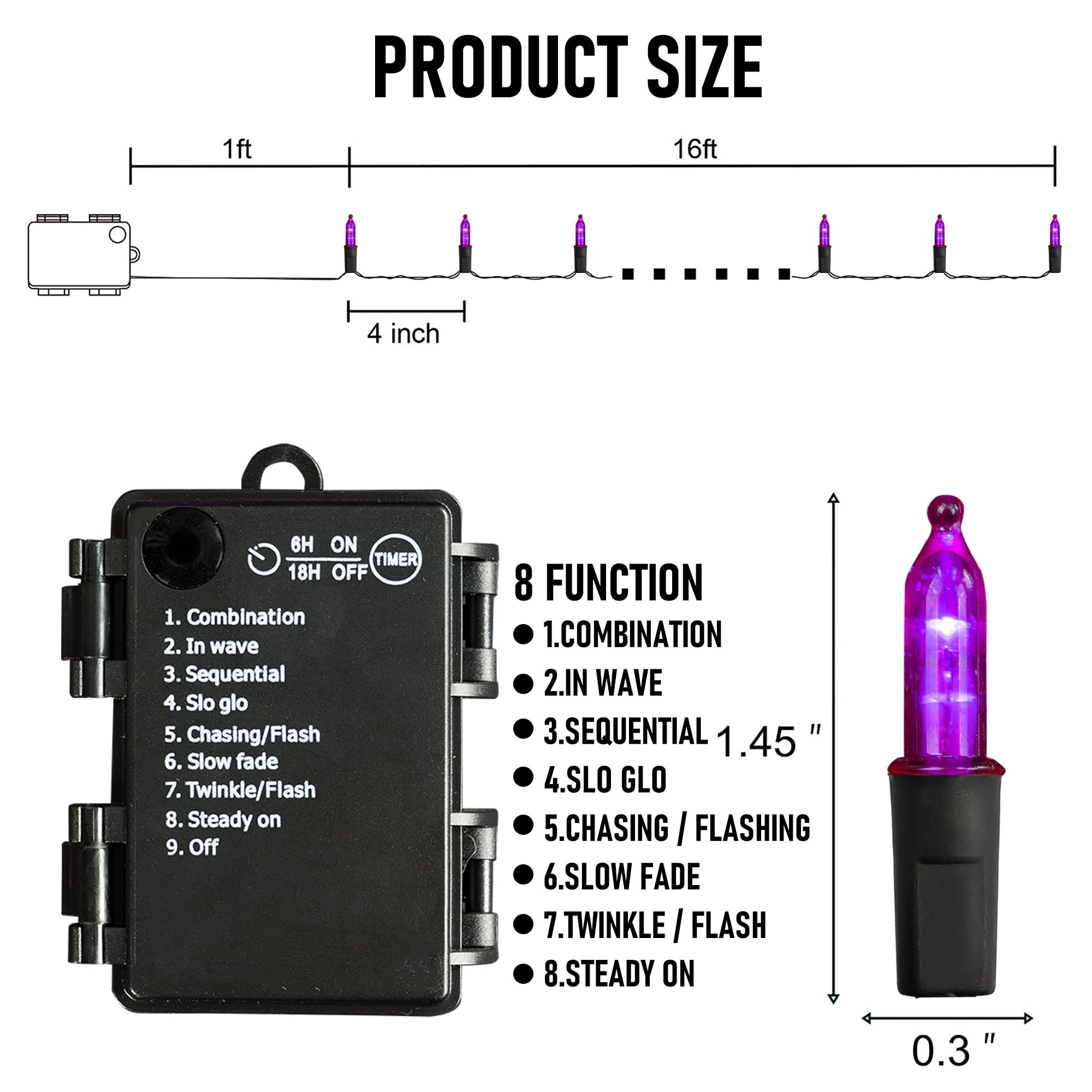 Battery Operated Halloween Lights, 2 Pack Total 100 Led 32Ft Purple Halloween Lights Outdoor, Waterproof Mini String Tree Lights