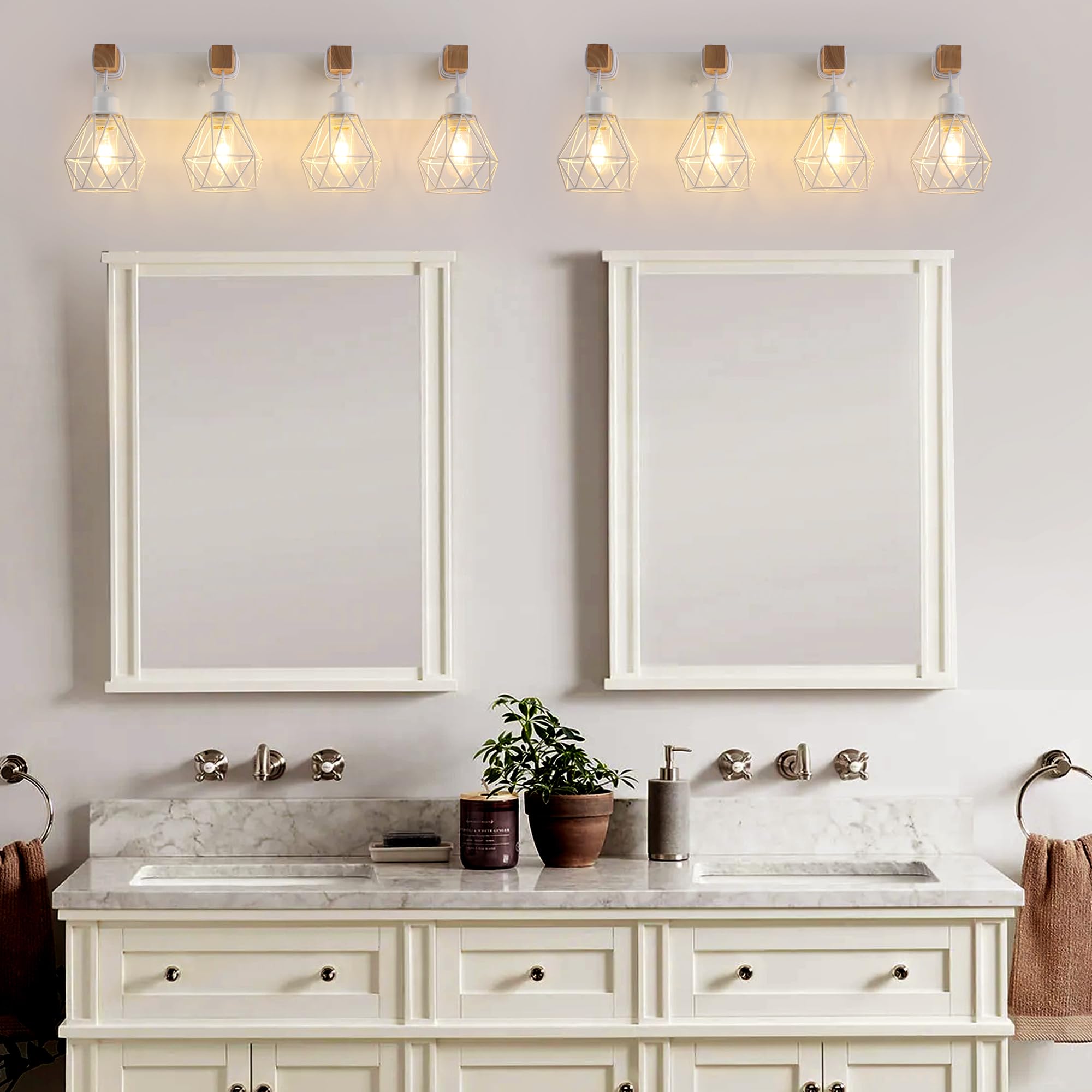 Farmhouse Vanity Light For Bathroom, 4-Light White Wood Bathroom Vanity Light Fixtures Over Mirror, Rustic Sconces Wall Lighting