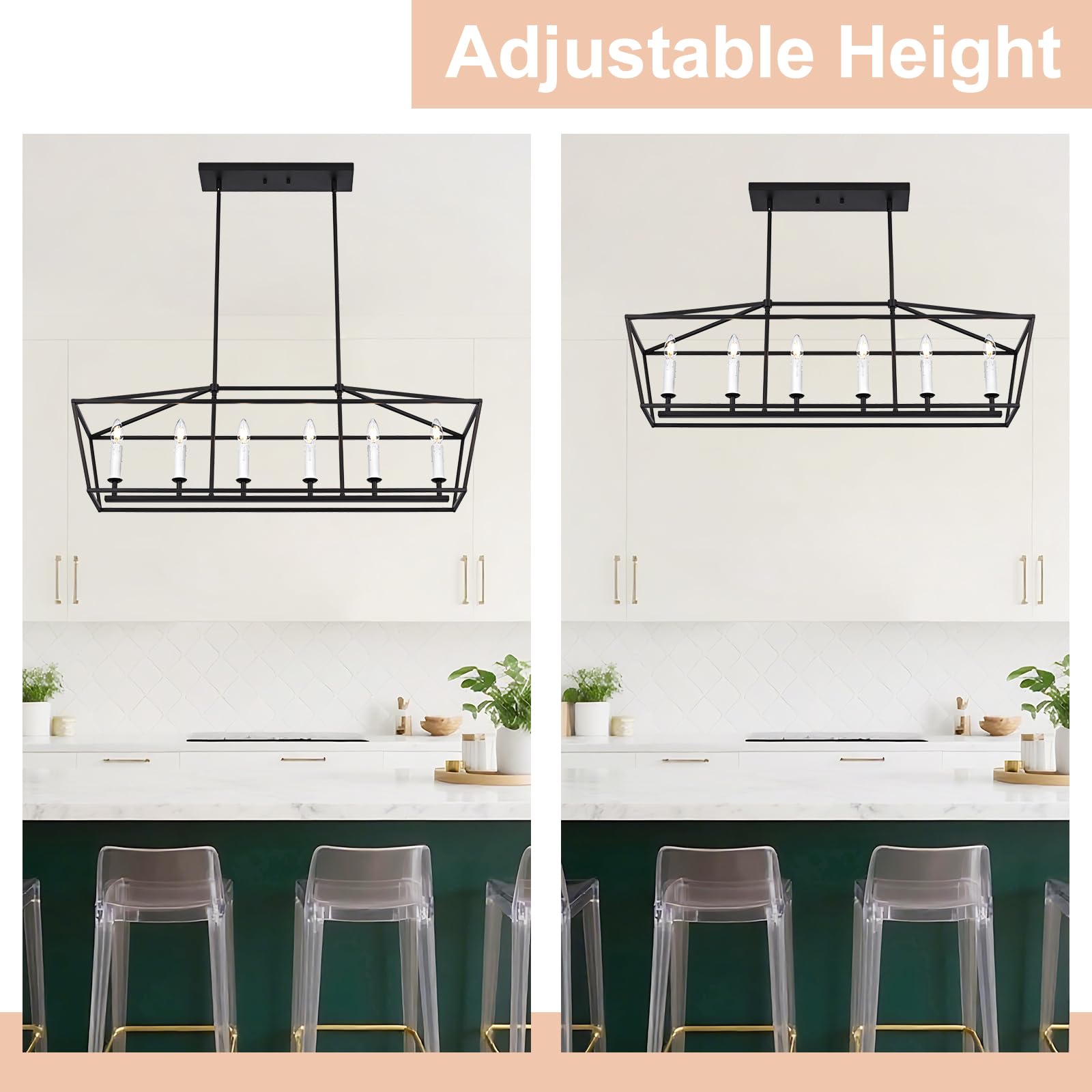 Winshen 6-Light Black Island Lighting  Industrial Pendant Light Fixtures Candle-Style For Kitchen Dining Room Living Room  E12 Bulb Base