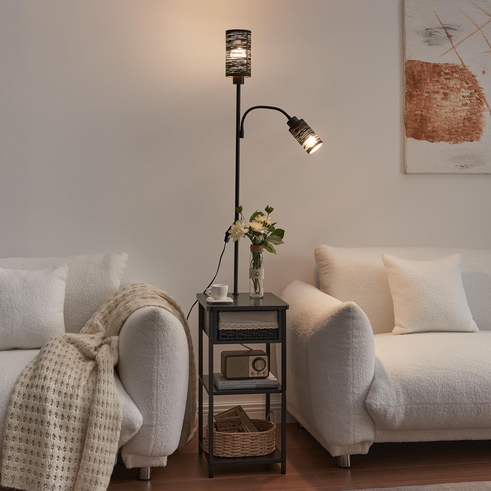 BAMGROW Floor Lamp with End Table, Black Wicker Drawer and Storage Shelf, 2 Bulbs Included, Ideal for Small Spaces in Living Room or Bedroom
