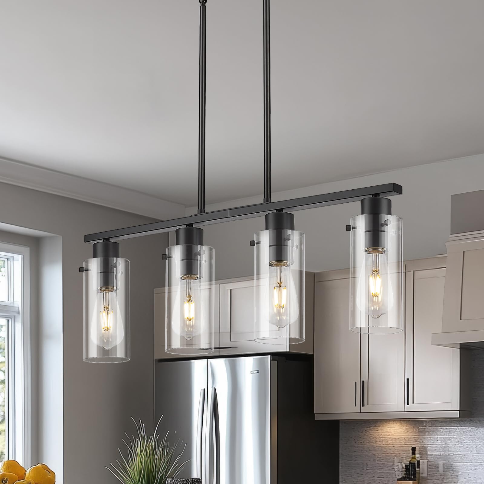Emak Modern Black Kitchen Island Lighting  4-Light Dining Room Light Fixtures Over Table Farmhouse Linear Chandelier With Clear Glass Shade For Kitchen Dining Room  Pl120-Bkbk-4L-Cg