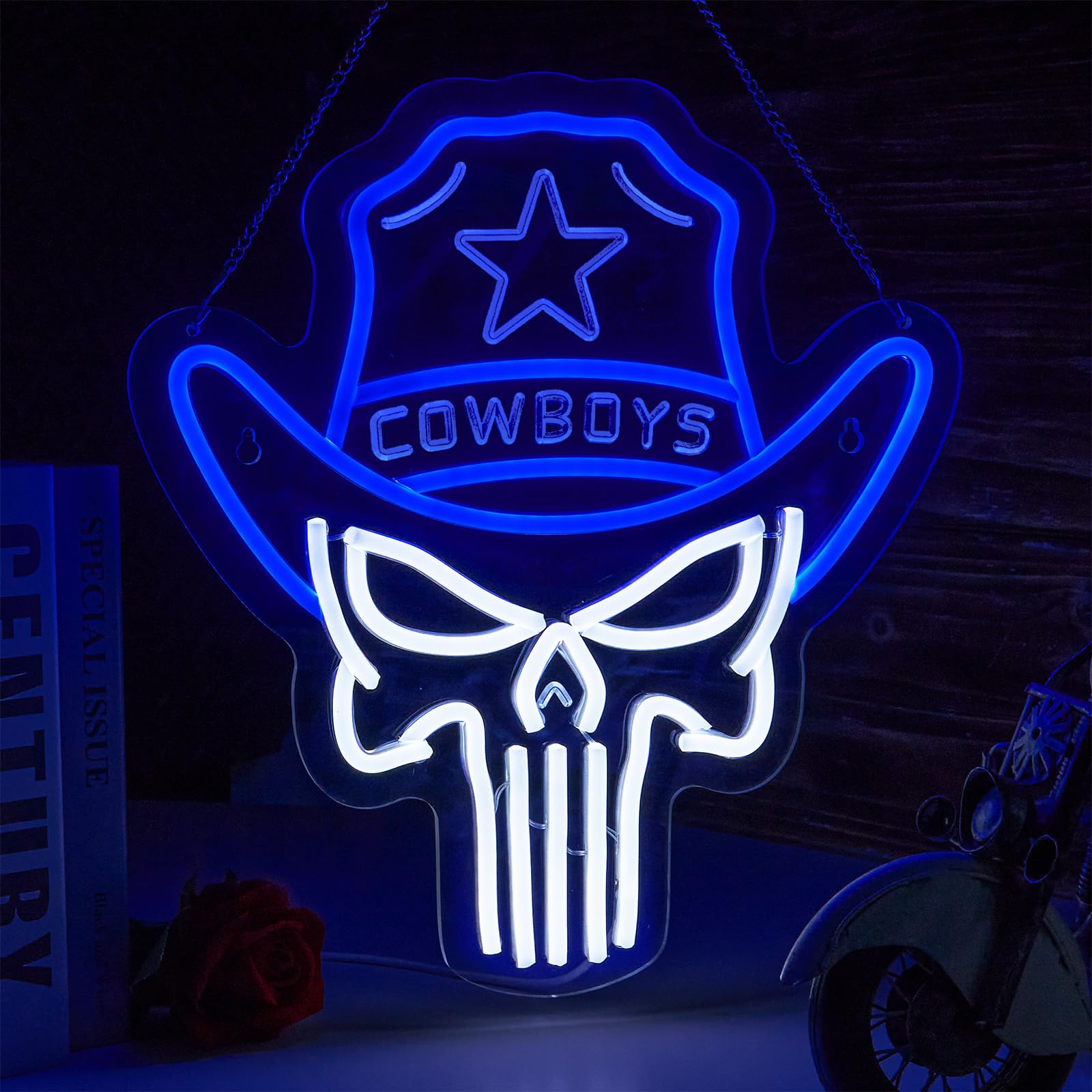 ORIXIAYE Cowboy Neon Sign LED Wall Decor, 13.9inx12.6in, Blue + White Skull, Model ORIXIAYE-A, Polyvinyl Chloride Material