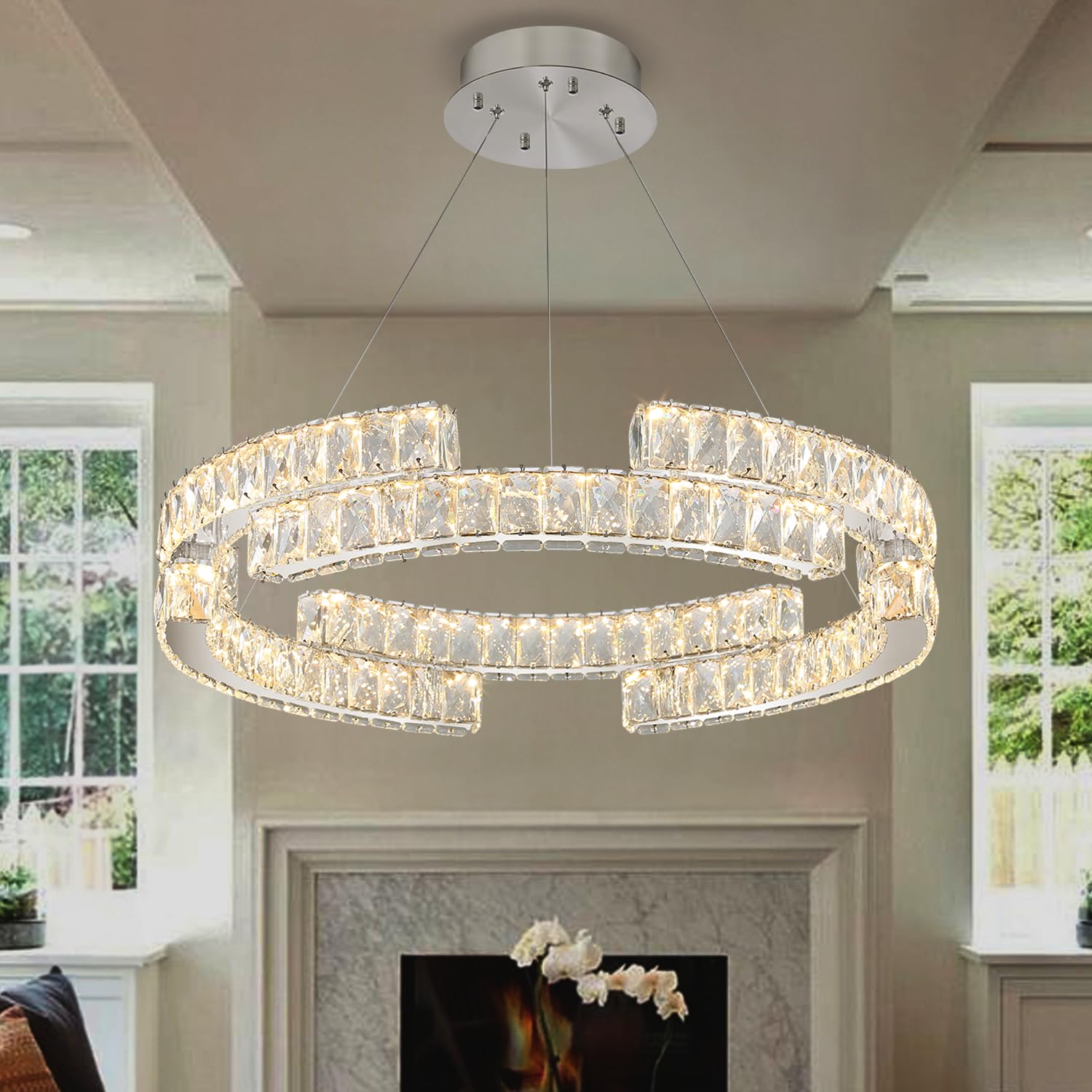 IDEQUY D16" Crystal Ring Chandelier, Dimmable 3000k-6000k, Silver Stainless Steel, Model CF8014-40Y, for Living & Dining Rooms