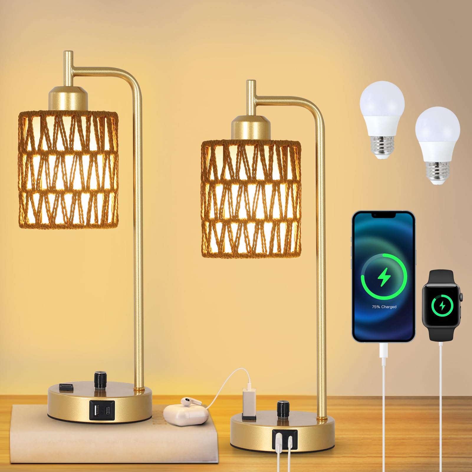 Stepeak Gold Lamp for Bedroom, Boho Rattan Table Lamps Set of 2 with LED Bulbs, Bedside Lamps for Night Stands with Wicker Shade