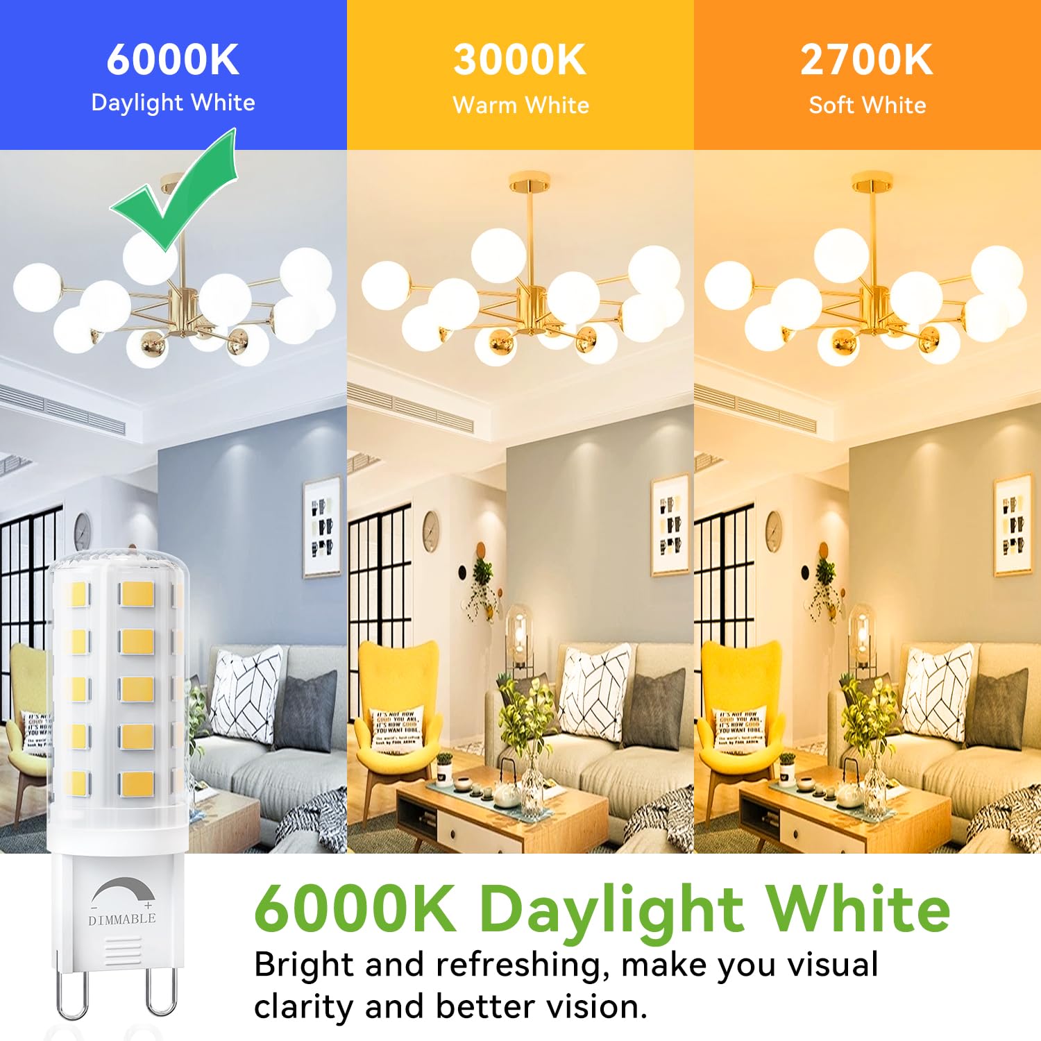 Tjoy 6 Pack Dimmable G9 Led Bulb 4W Equivalent 40 Watt, Daylight White 6000K, T4 G9 Bi-Pin Base Halogen Replacement, G 9 Socket