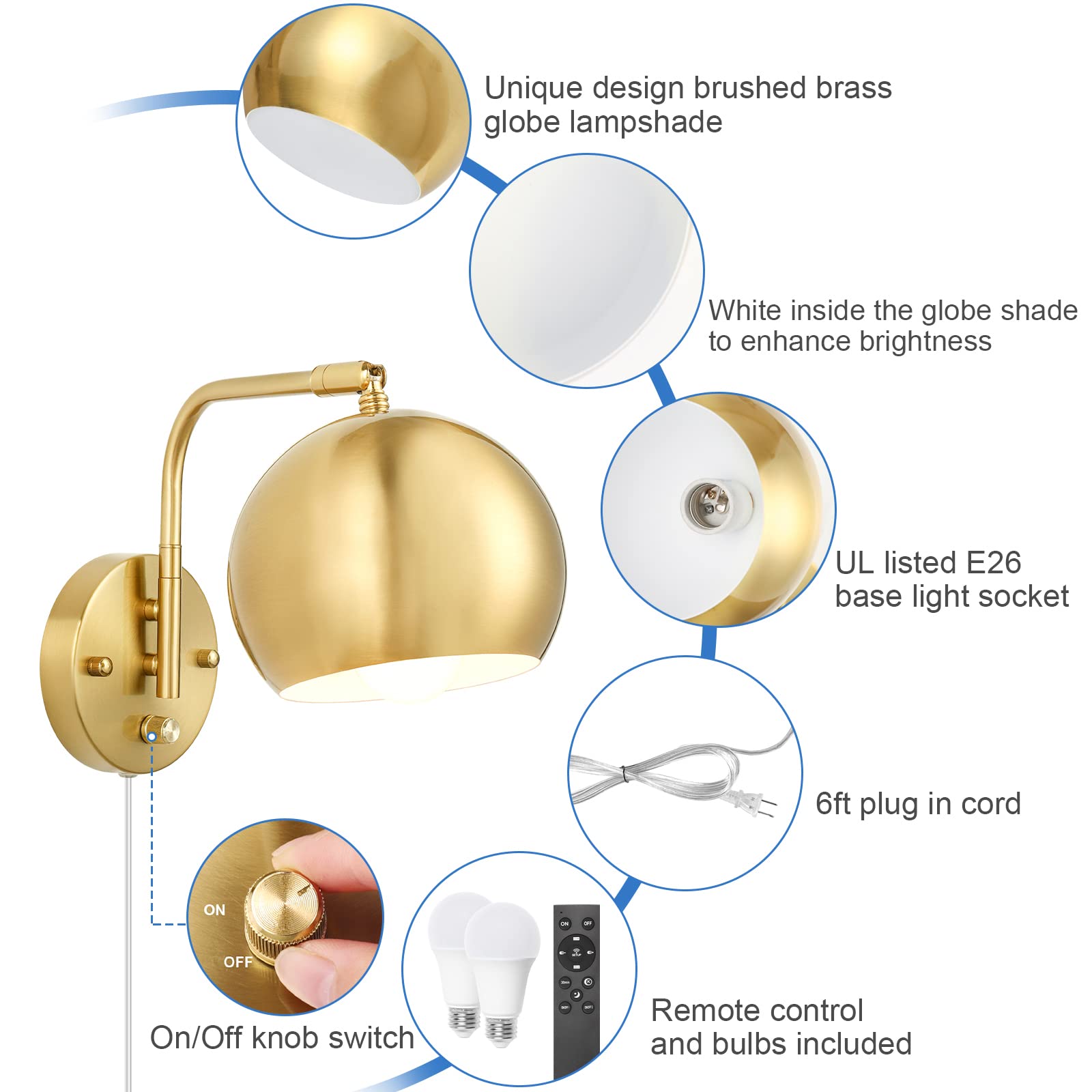 Vatoni Wall Sconce With Remote Control, Plug In Wall Sconces Dimming 0-100% And Adjustable Color Temperature 2700K-6000K, Brushe