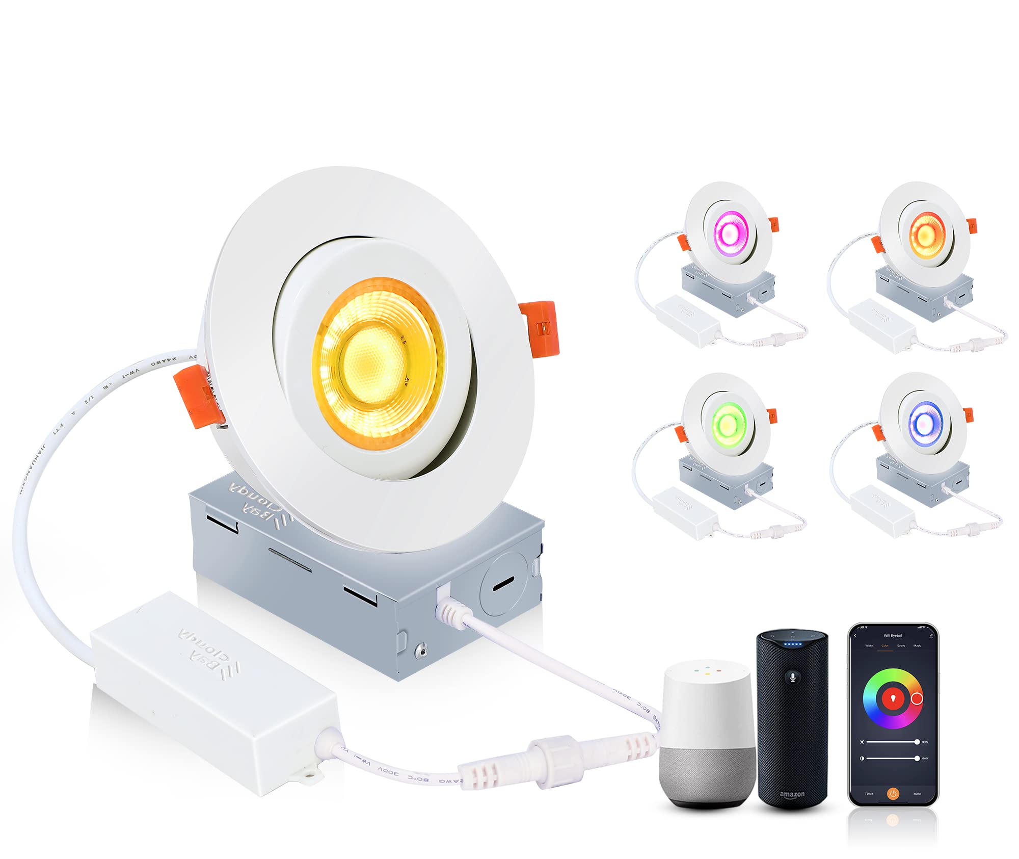 Cloudy Bay 4 Inch Eyeball Smart Led Recessed Light,Color Changing Recessed Lighting,Compatible With Alexa And Google Home Assistant,4 Pack