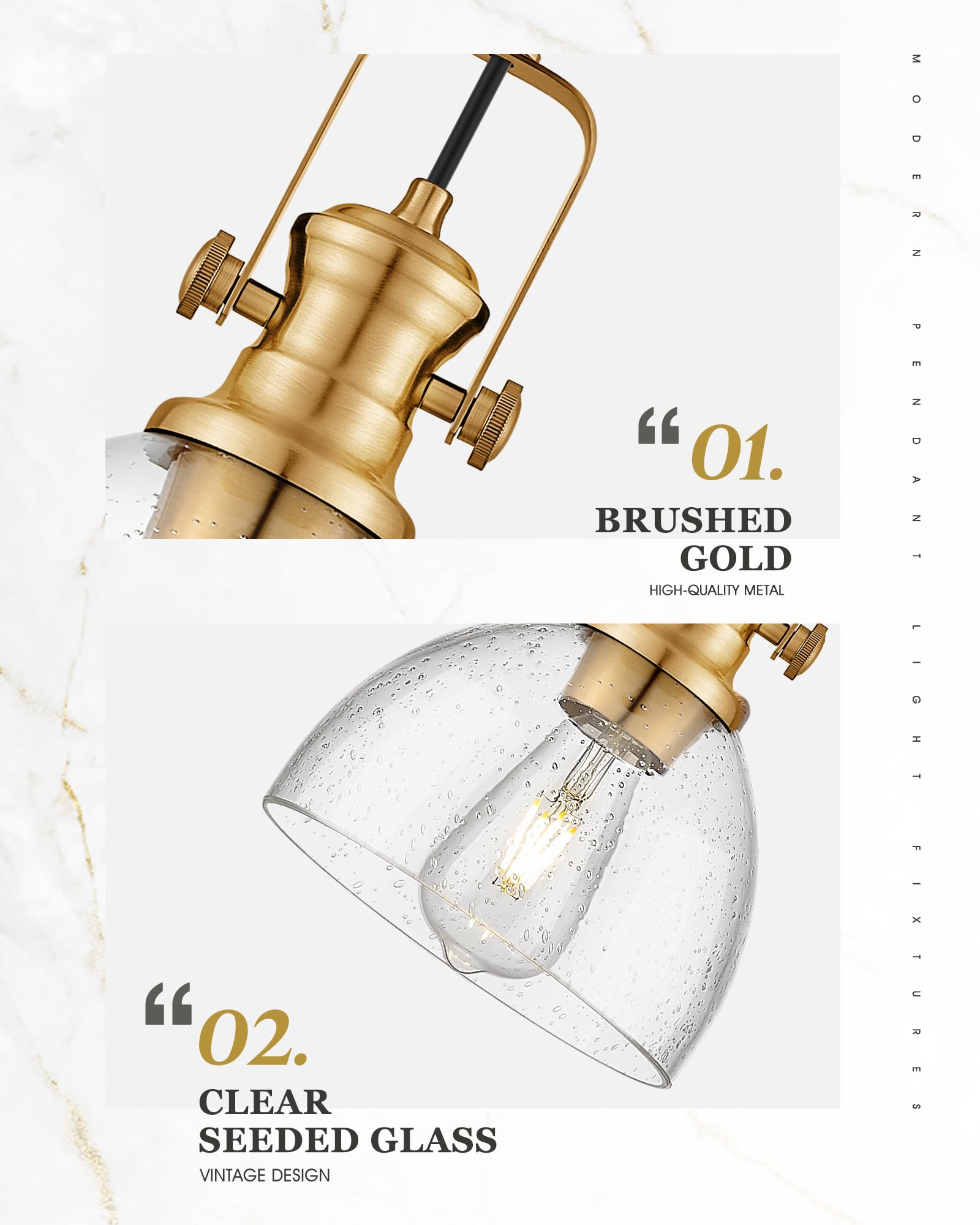 Audickic 7.5" Farmhouse Pendant Light, Vintage Seeded Glass Shade, Brushed Gold, Model AD-22151-1P-GD