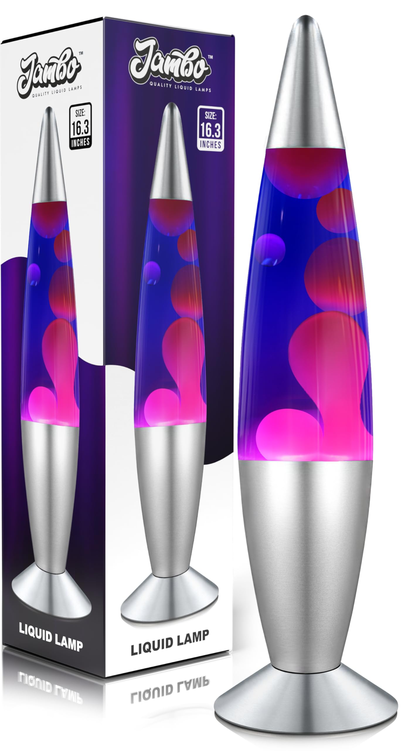 Jambo Magma Lamp - 16-Inch Relaxing Night Light, Blue Liquid, Purple Wax, Silver Base, Model 55002