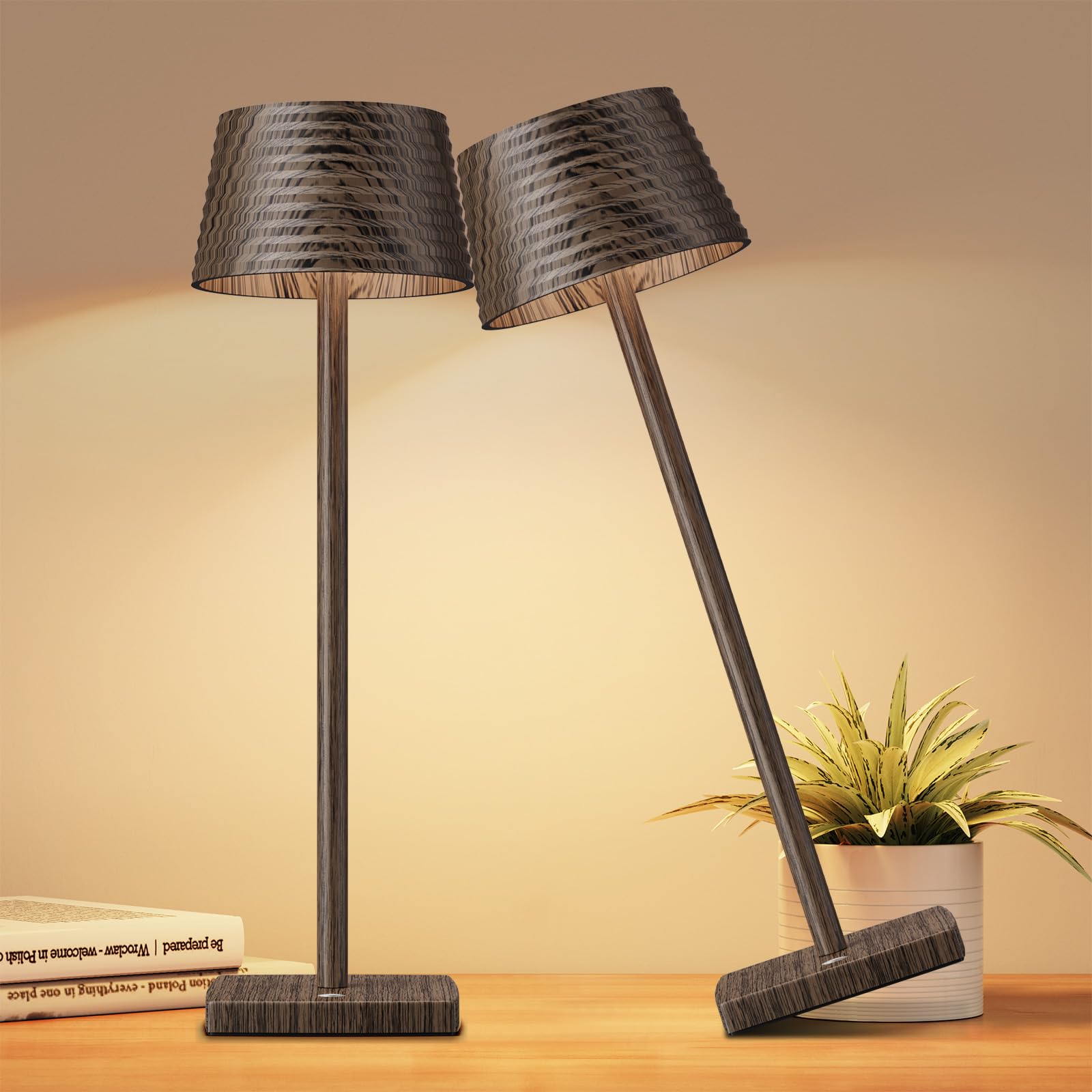 YIBEN Cordless Table Lamps 6000mAh LED, IP54 Waterproof, 3 Colors Dimming, Small, 2pack Walnut, Model S816