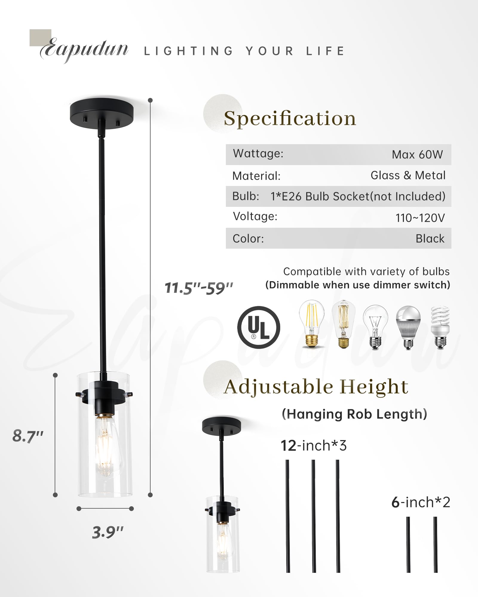 Eapudun Industrial Pendant Light, Clear Glass Shade, Vintage E26 Fixture For Kitchen & Dining