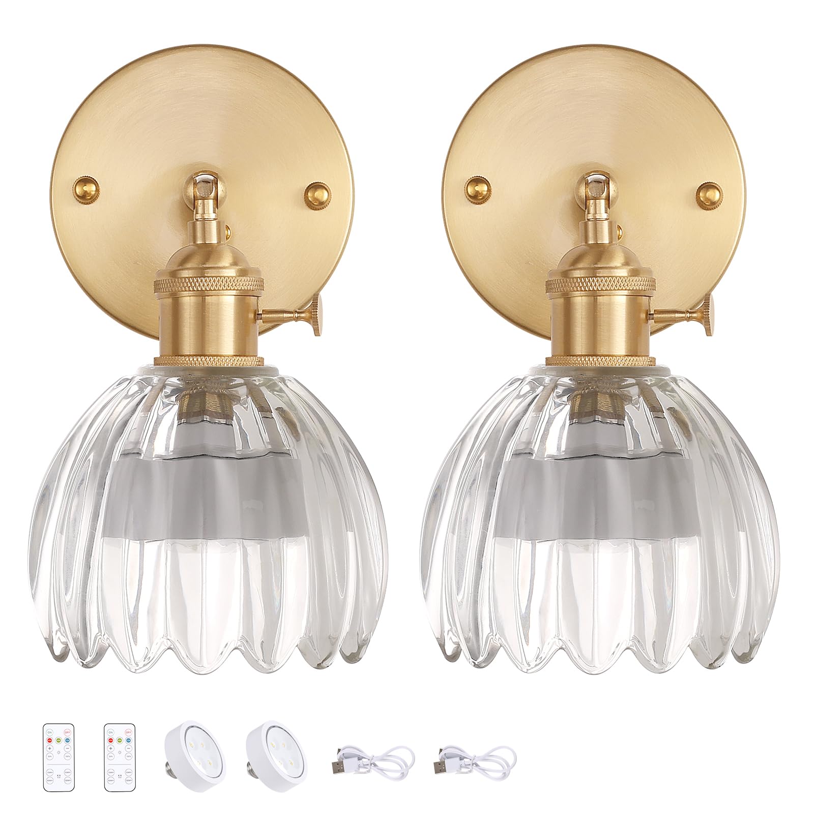 Shenmoyl Vintage Wall Sconce - Battery Operated, Wireless, Remote Control, Set of 2, Tulip Clear Glass, Model 1-9331
