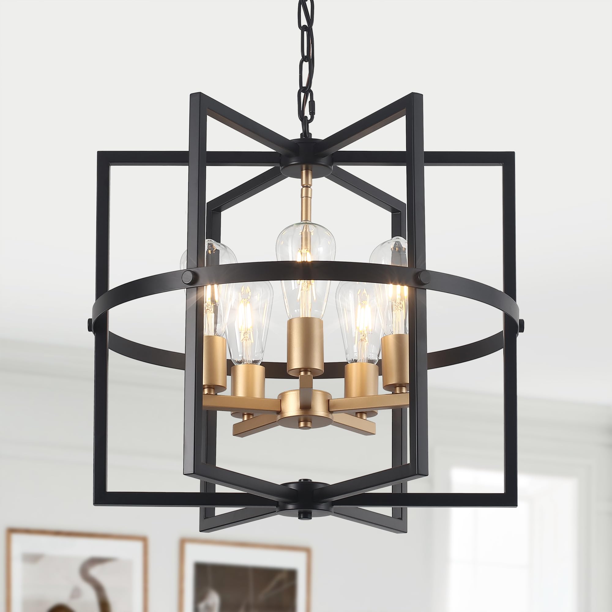 QMNHAU 19 Black and Gold Chandeliers for Dining Room  5-Light Modern Farmhouse Industrical Pendant Light Fixture Rustic Geometric Hanging Chandelier for Kitchen Island Entryway Hallway Foyer