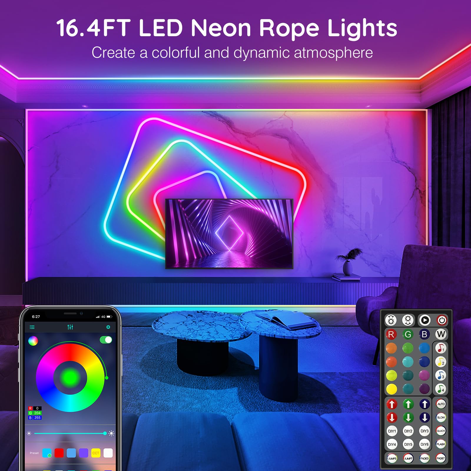AILBTON LED Neon Rope Lights, 16.4Ft Flexible RGB Strip, Music Sync, App/Remote Control, IP65 Outdoor, Silicone Material