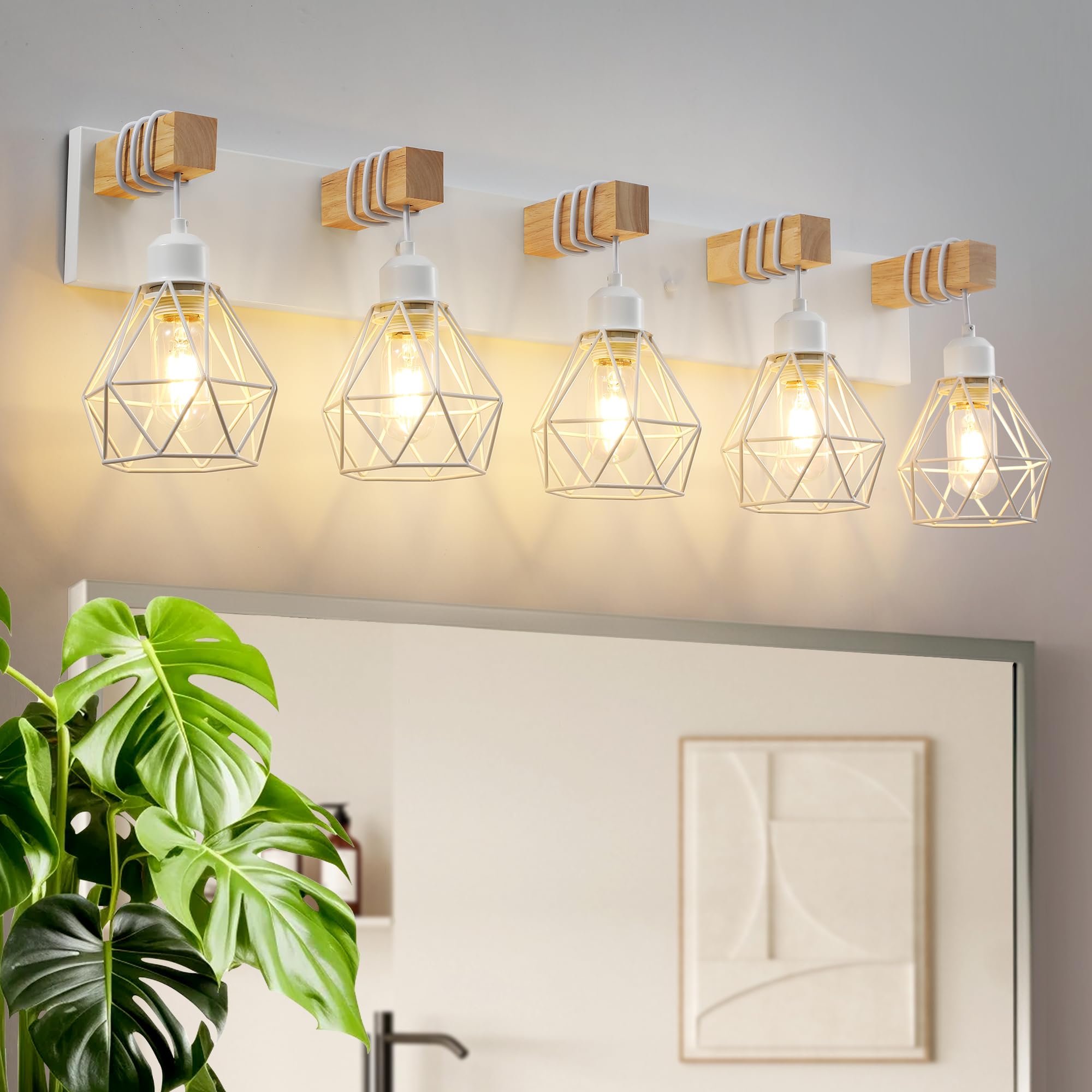 Farmhouse Vanity Light For Bathroom, 5-Light White Wood Bathroom Vanity Light Fixtures Over Mirror, Rustic Sconces Wall Lighting