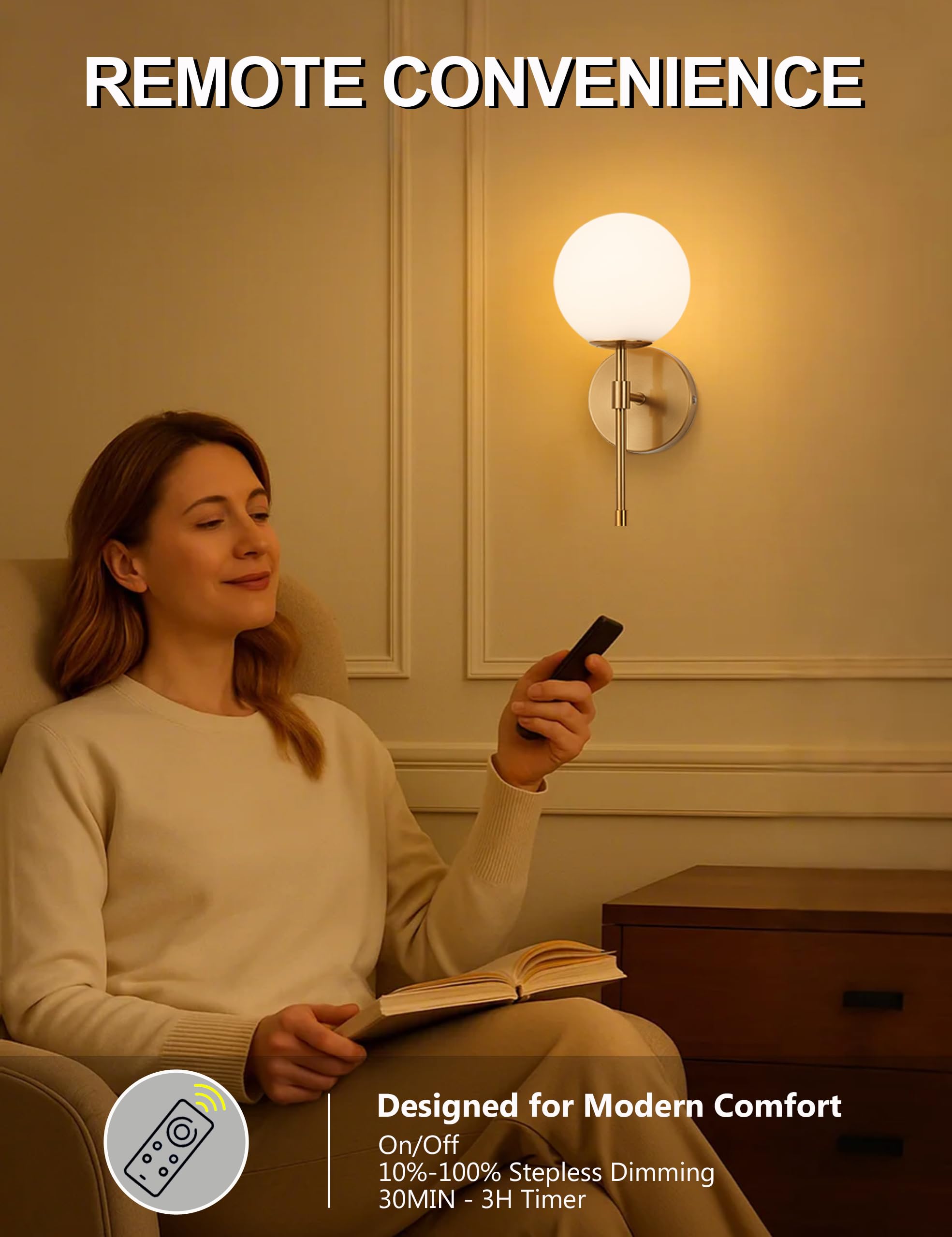 MSTETO Battery Operated Globe Wall Sconces Set of 2, Brushed Gold, Wireless with Remote Control, Rechargeable, Modern Design