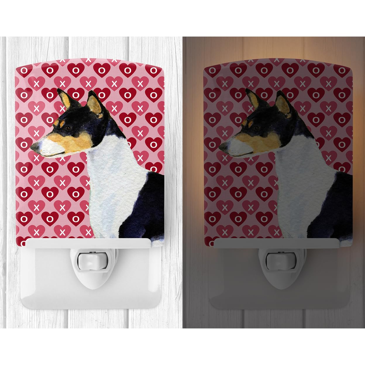 Caroline'S Treasures Ss4514Cnl Basenji Hearts Love And Valentine'S Day Portrait Ceramic Night Light Compact, Ul-Certified, Ideal For Bedroom, Bathroom, Nursery, Hallway, Kitchen, 6X4X3, Multicolor