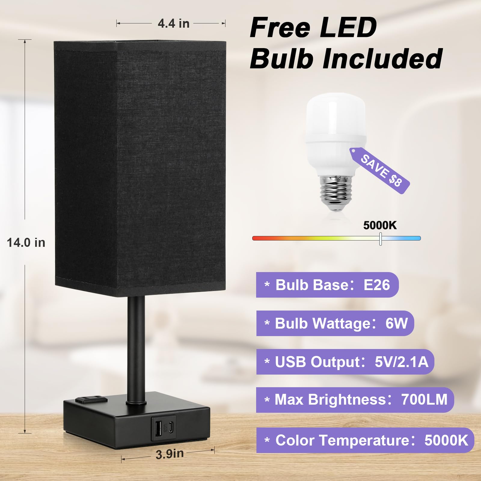 aooshine Black Touch Lamp with USB-C & AC Outlets, 800 Lumens, 14.0 in, Linen Shade, Square Design for Bedroom & Office