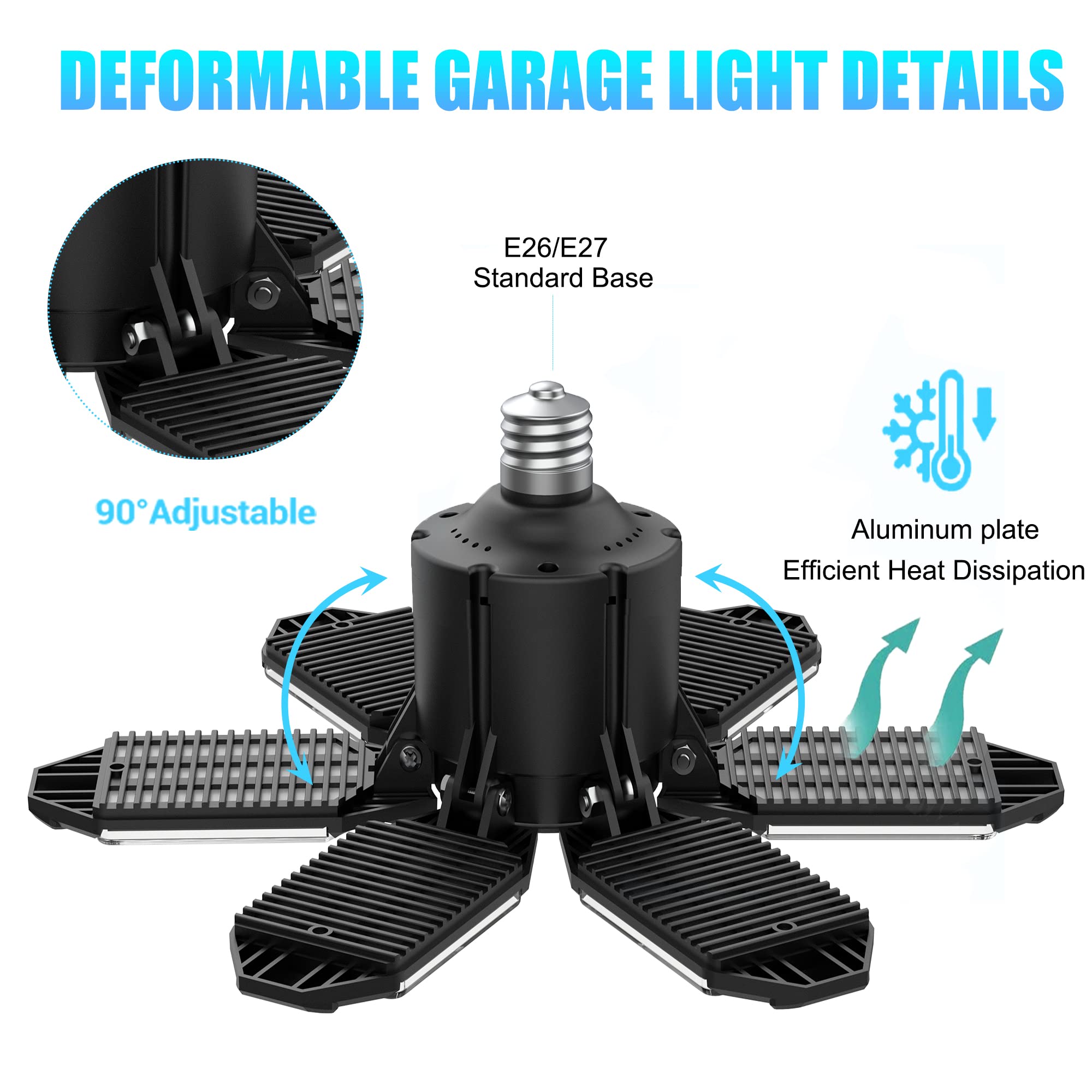 Aysemo Led Garage Light Bulbs, 100W 6000K Garage Lights Ceiling Led With 5 Adjustable Panels, E26/E27 Garage Led Lights Screw In