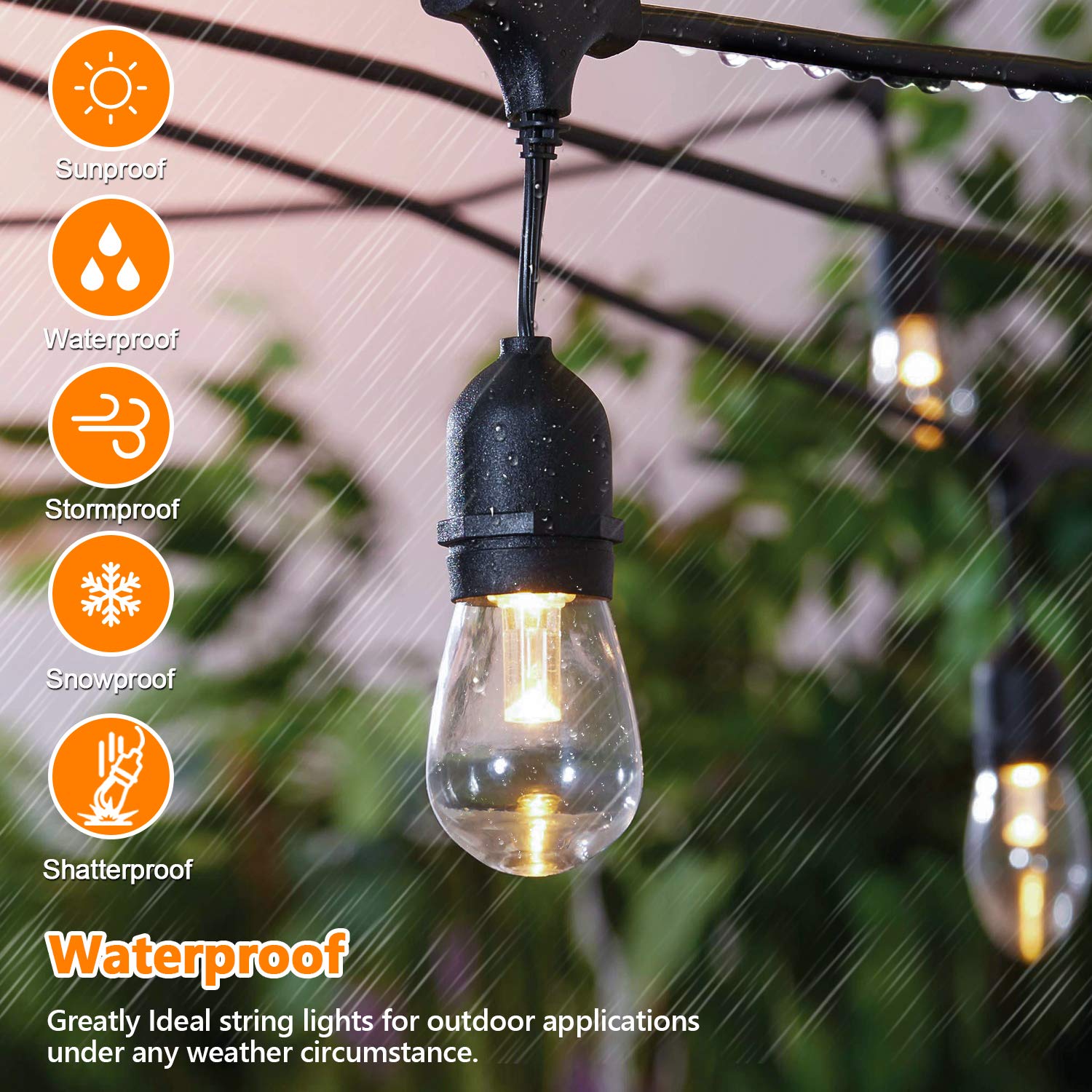 Lakumu 2-Pack Dimmable LED Outdoor String Lights, 96FT Waterproof, Shatterproof Edison Bulbs, 3 Color Temperature, Model GLS22C2YC-S14-15