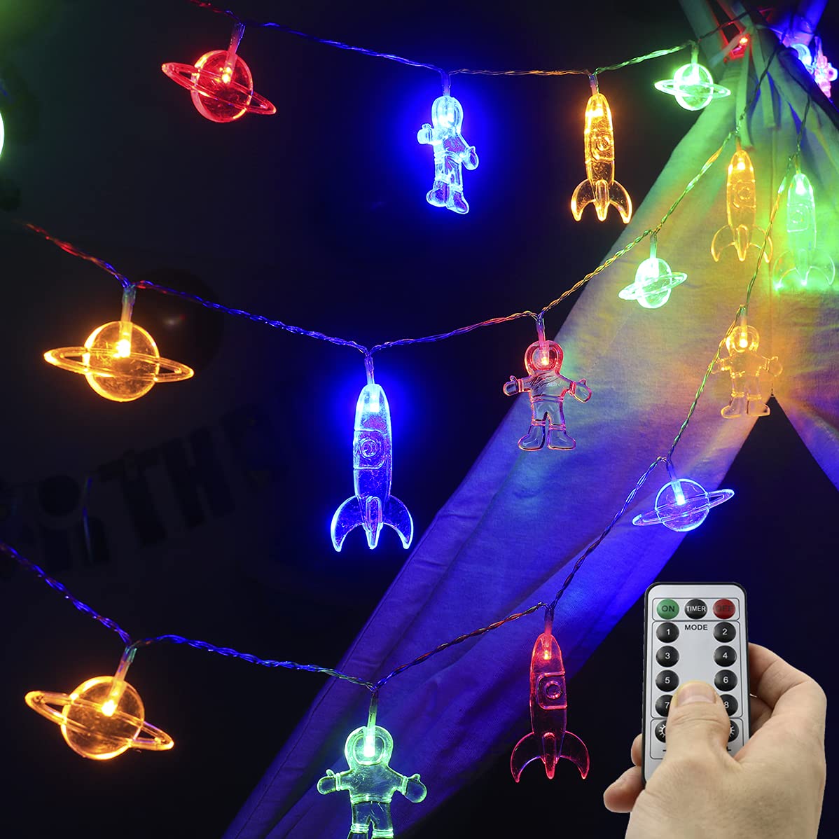 Mankinlu Childrens Room LED String Lights with Remote 20 LED 11 FT 8 Modes Battery Operated Space String Lights with Rocket Spaceship Astronaut Pendants Holiday Party Lights for Kids Room Multicolor