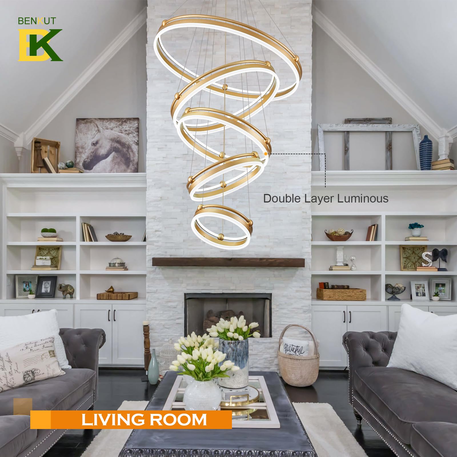 Benkut 10-Rings Modern Led Chandelier Gold Large Dimmable Remote Chandeliers Lighting For Foyer, High Ceiling Chandeliers For Dining Room Living Room Staircase Entryway(10-Ring Lighting, D31.5)