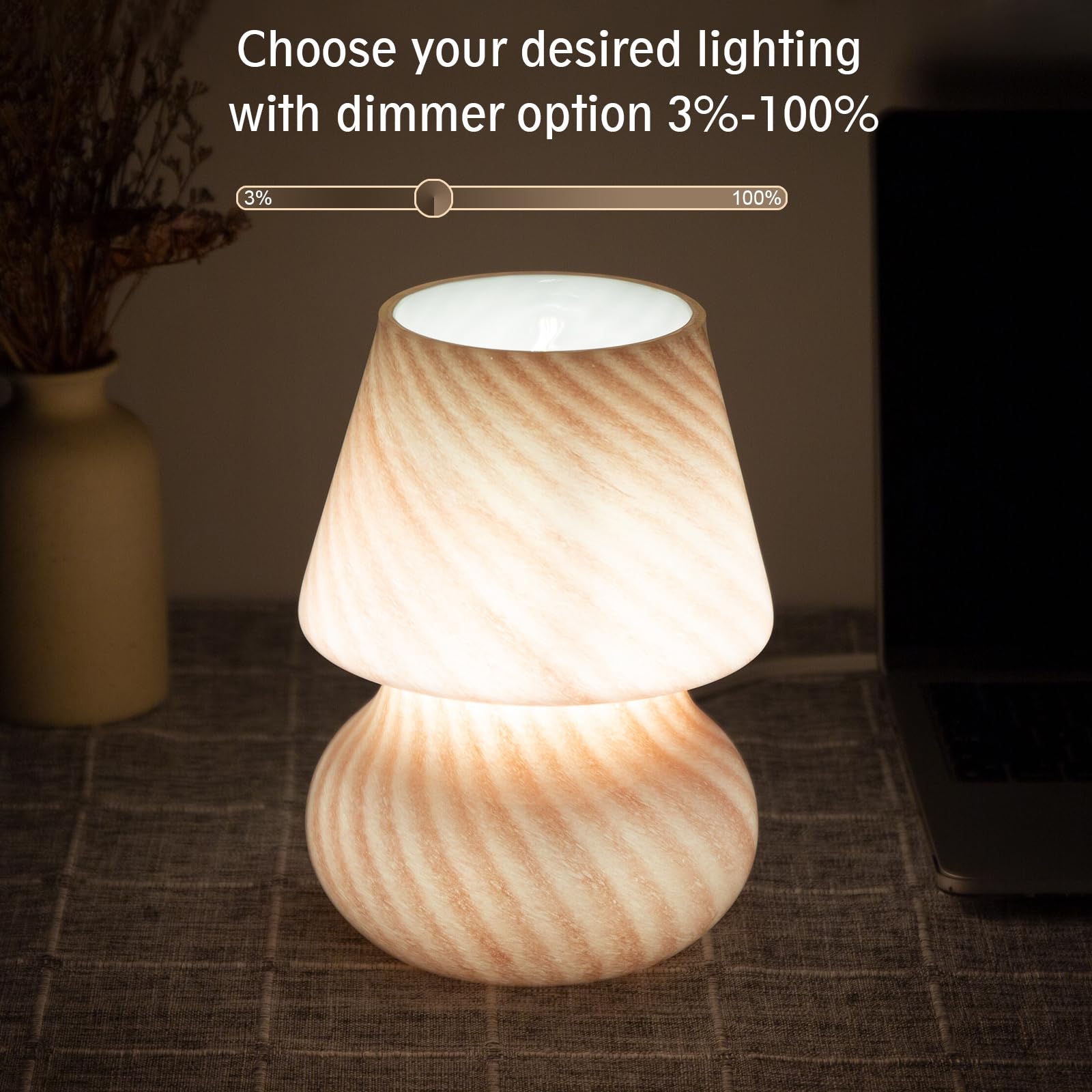 COOSA Glass LED Mushroom Lamp, Vintage Style Night Light, Pink Translucent Decorative Table Lamp for Kids and Bedroom