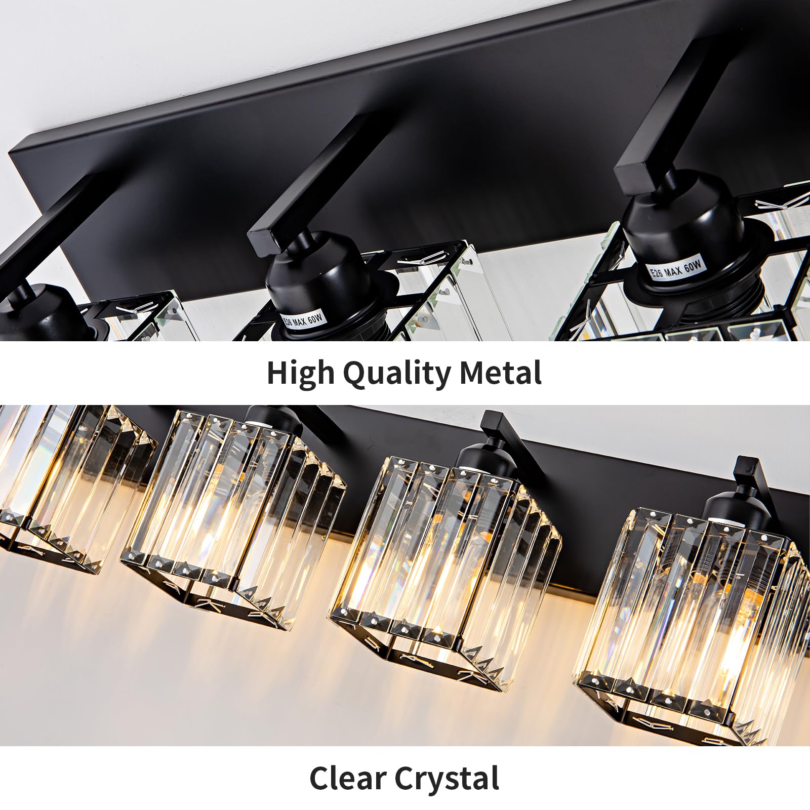 Aixialin 6-Light Black Metal Bathroom Vanity Light Fixture, Modern Crystal Design, Over Mirror Wall Sconce, Model 600-100-1015
