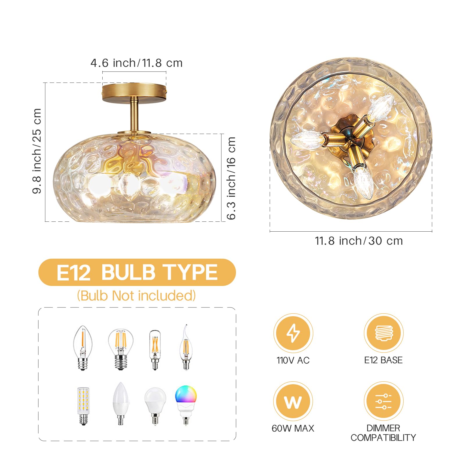 Clarsyne 12 Iridescent Rainbow Hammered Glass Ceiling Light  3-Light Semi Flush Mount Fixture  Modern Gold Lighting For Bedroom  Hallway  Kitchen  Dining Room  Living Room  Foyer