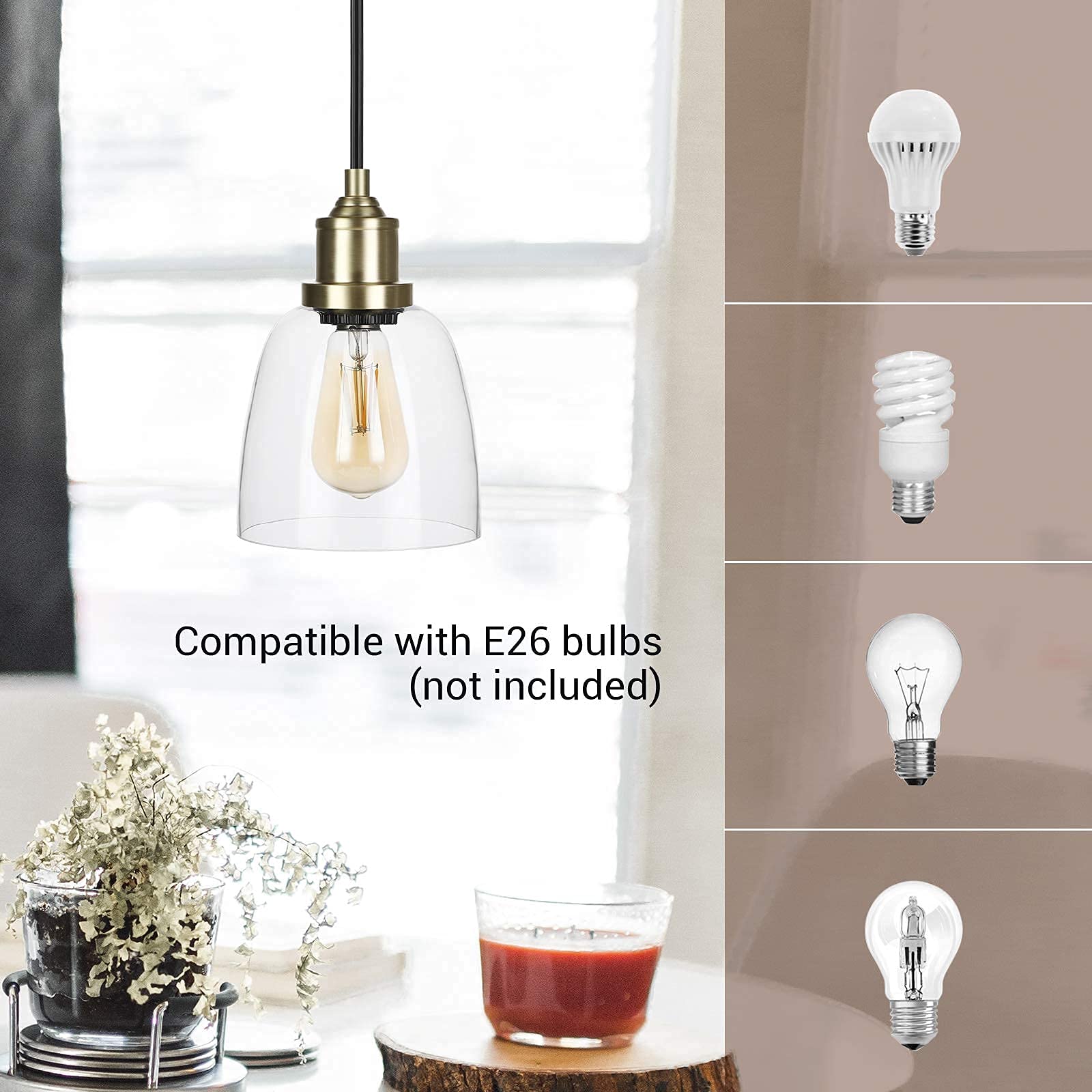 DEWENWILS Plug in Pendant Light, Hanging Light with 15ft Adjustable Cord, On/Off Switch, Clear Glass Shade, Hanging Light Fixtur