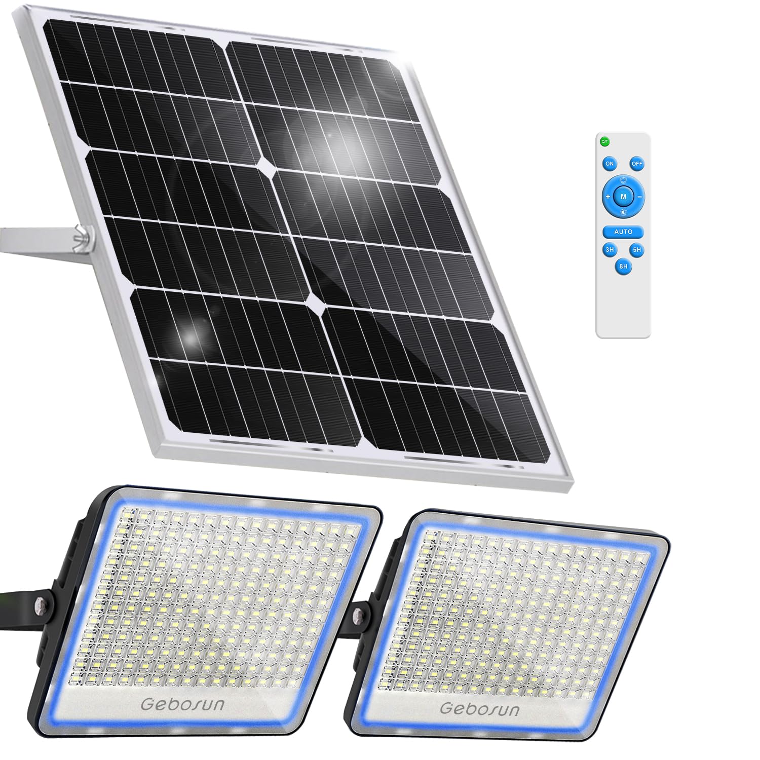 Gebosun 2-Pack 300W LED Solar Flood Light, Remote Controlled, Dusk to Dawn, 30,000Lumen, 6000K, IP67 Waterproof, Wall-Mounted & 