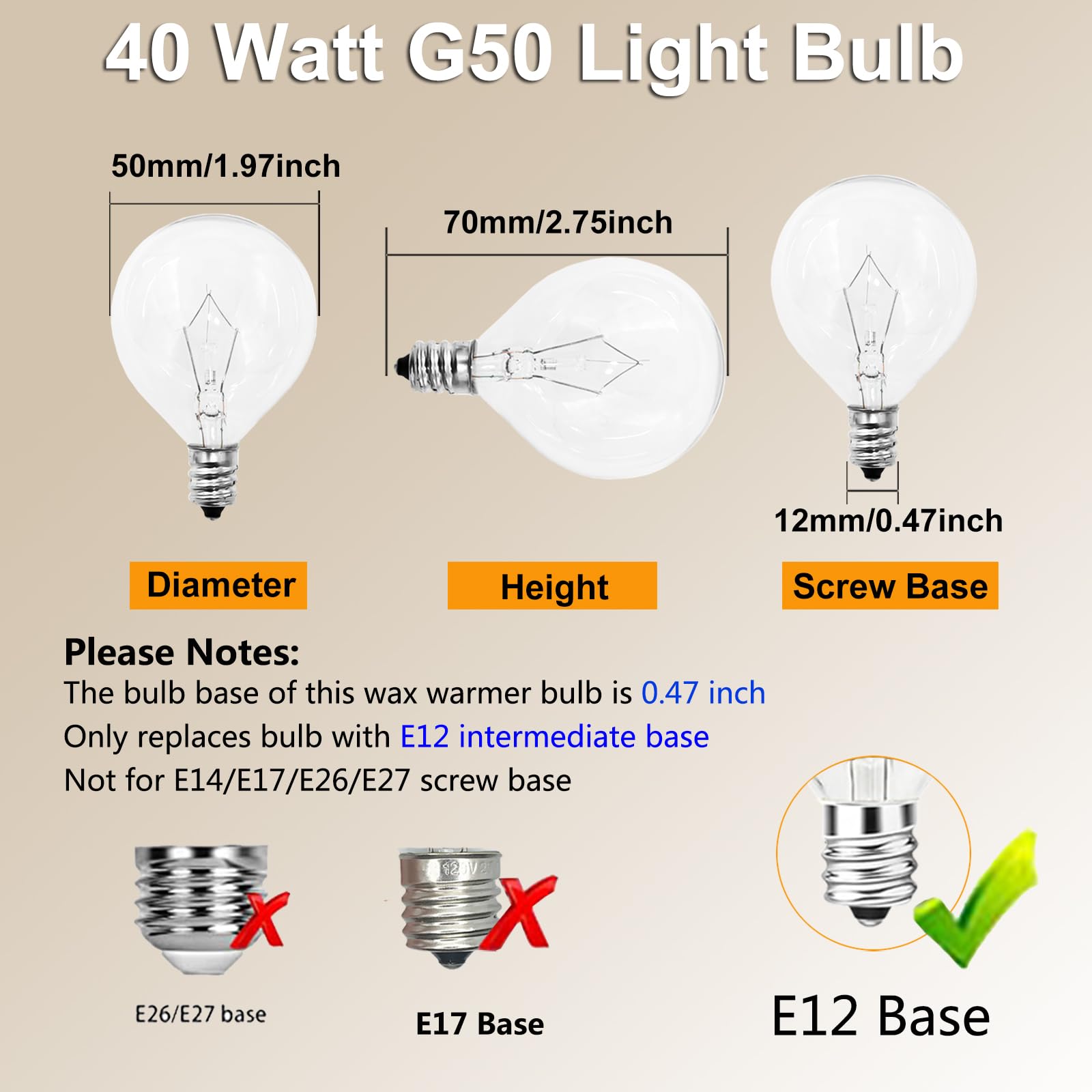 40 Watt E12 Candelabra Base Round Bulbs,G50 Light Bulbs For Full Size Scentsy Warmer,Ceiling Fans With Lights,Chandelier,Decorat