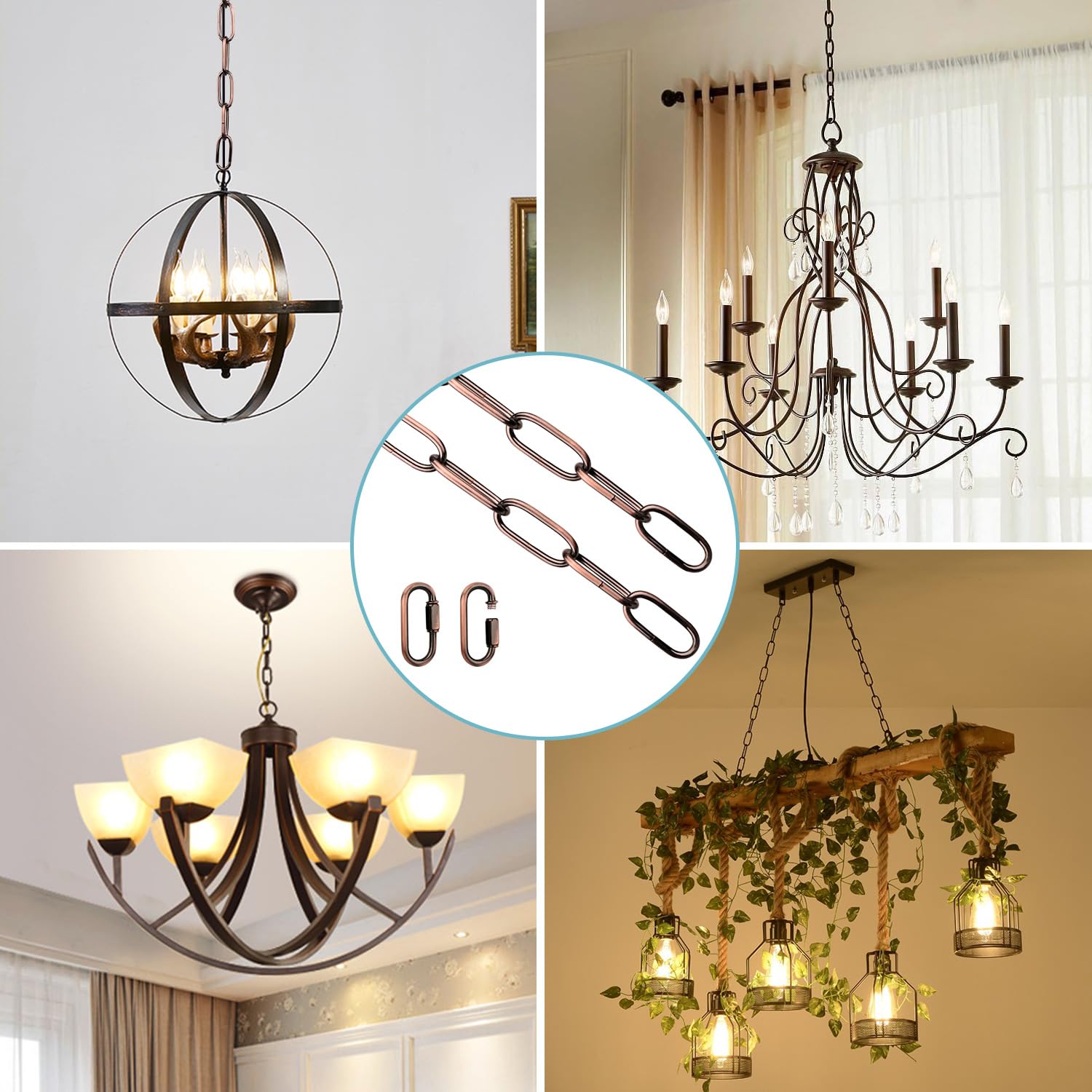 Helunsi Red Bronze Chandelier Chain, 6ft Heavy Duty Metal Fixture Extension, Iron with Connection Locks