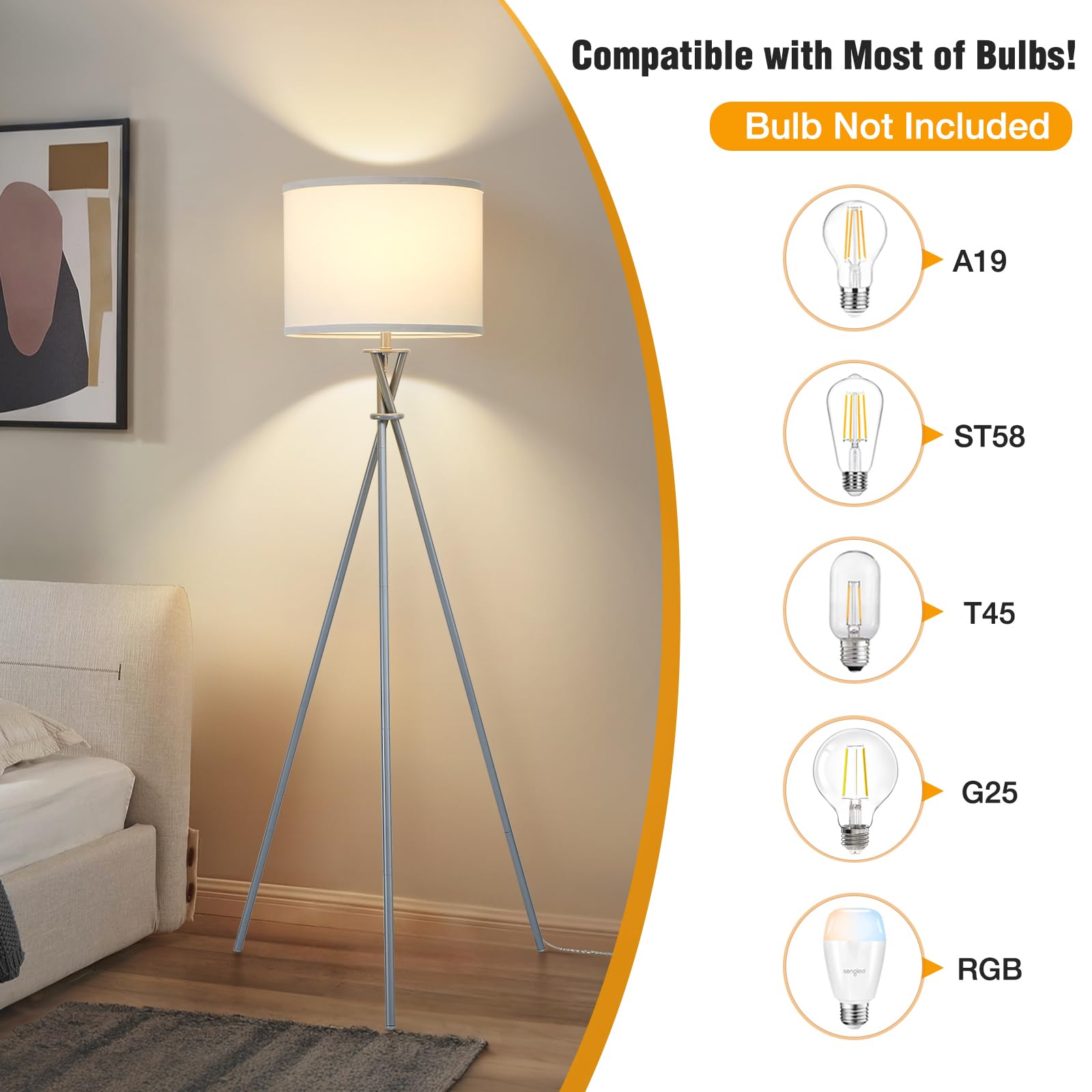 Luvkczc Tripod Floor Lamp Silver, 61” Tall, Metal, Modern Design with White Shade, Model 1FL-054-03
