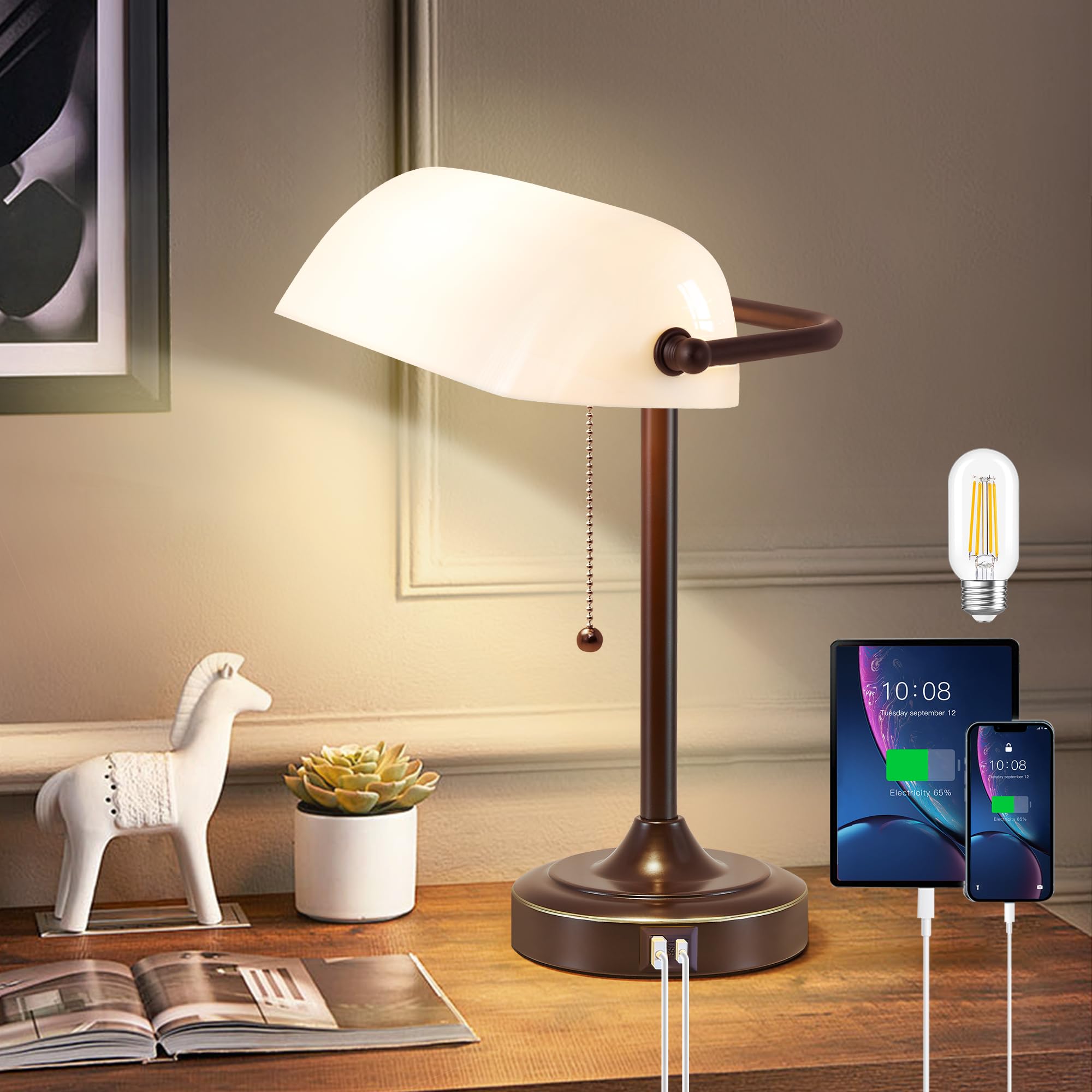 Vintage Desk Lamp Bankers Lamp - Brown Retro Table Lamp With Usb & Type C Charging Ports Traditional Pull Chain Switch Library L