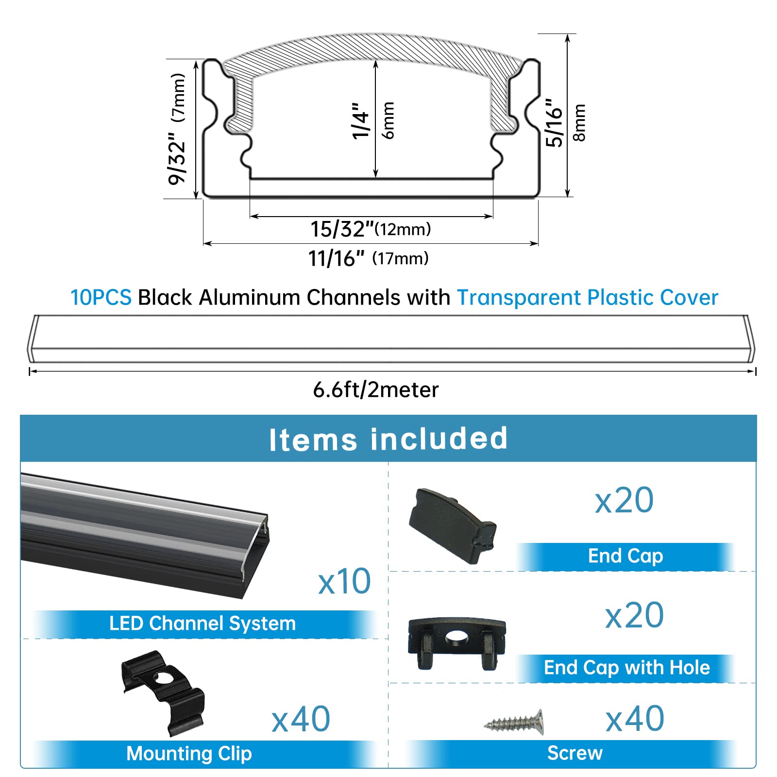Muzata 10Pack LED Channel, 6.6FT/2M Black Aluminum U Shape with Clear Cover, Easy Installation