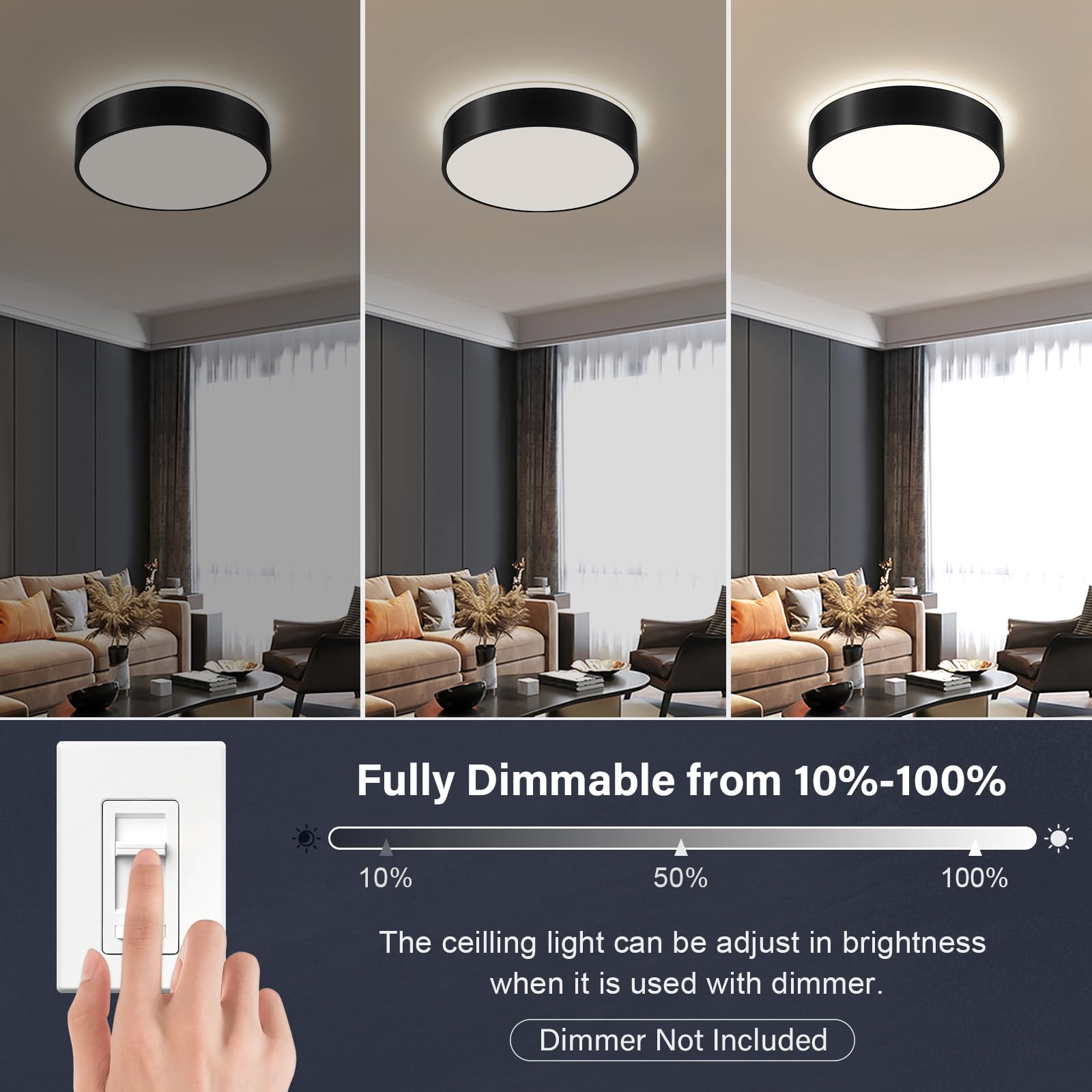 Peblto Dimmable Black Led Ceiling Light, 2700K-6000K Modern Flush Mount Lamp, 15.7