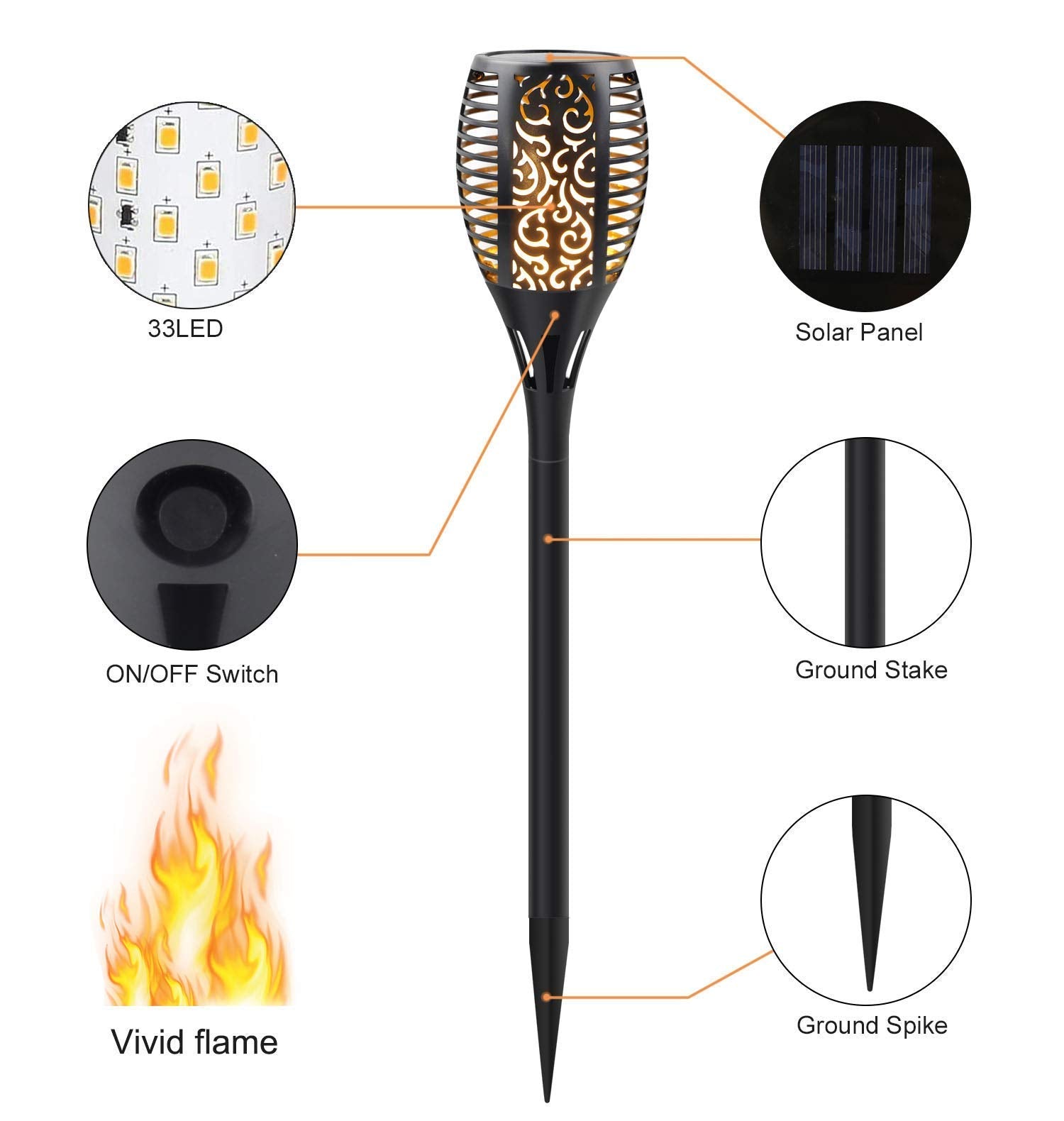 Permande Solar Torch Lights, Flickering Flame Effect, Waterproof, 8 Pack, Black, Model SL33