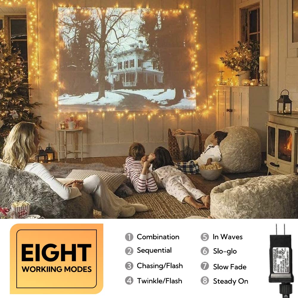Hopolon 33FT 100 LEDs String Lights, Warm White Waterproof Fairy Lights, 8 Modes, Green Wire, Model QX-U-O-S-100-A-C