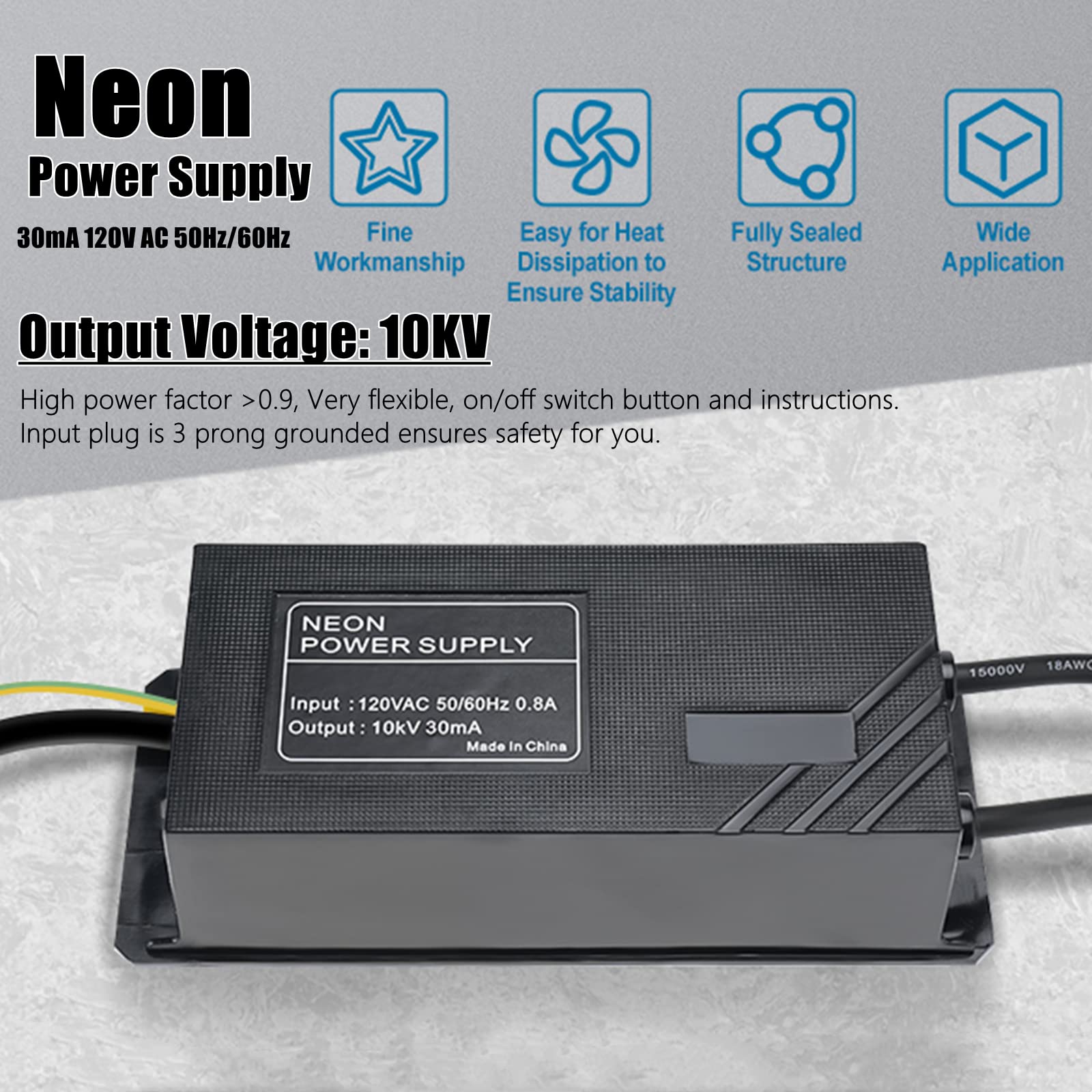 Yaeccc Power Supply for Glass Neon Signs - 10KV 30mA Transformer, 120V AC, Black, Model AB-0408