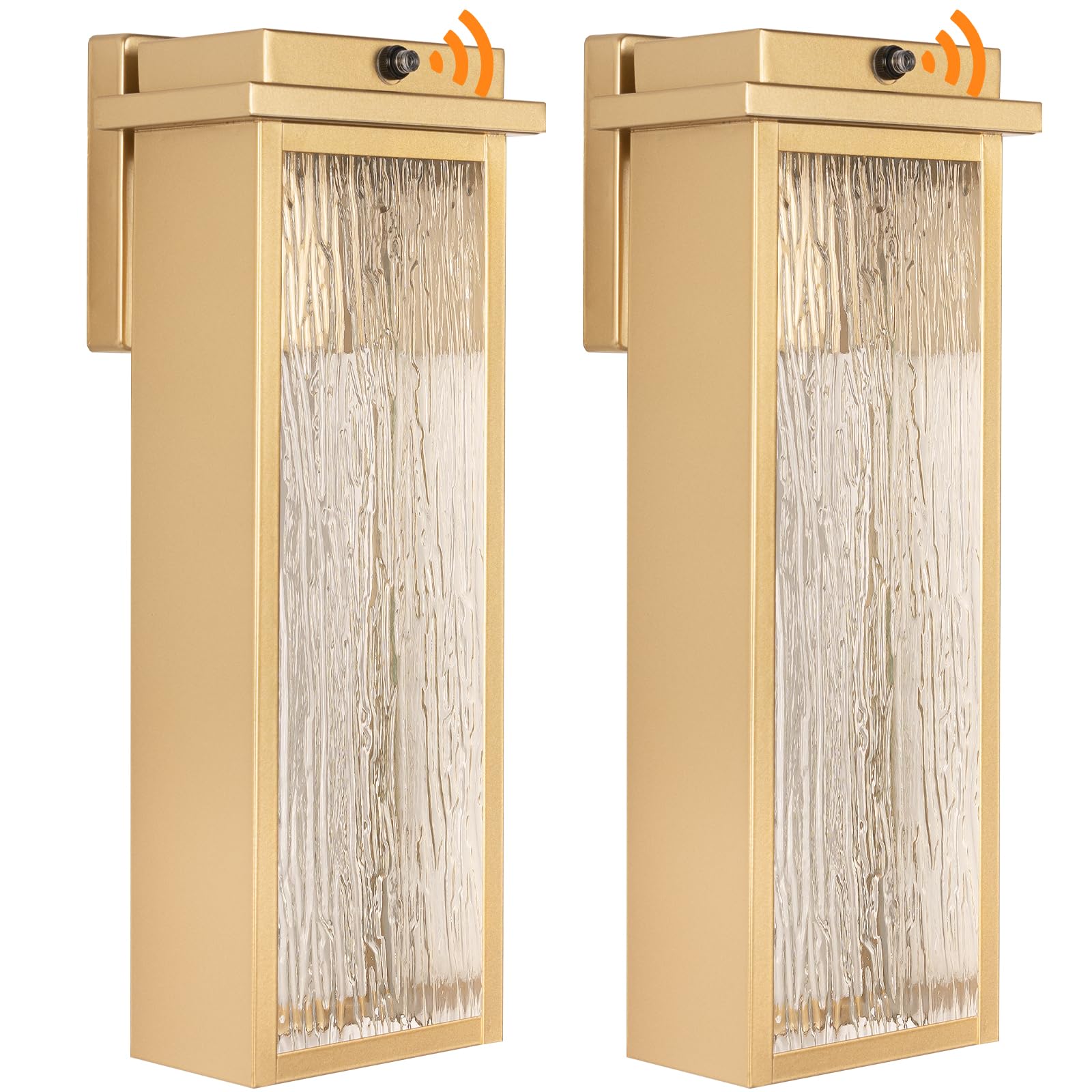 Venzblomia 16" Dusk To Dawn Led Outdoor Light 2 Packs, Gold Outside Porch Lights Wall Mount, Large Exterior Lighting Fixtures With Rippled Glass, Waterproof Modern Wall Lantern For House, Patio