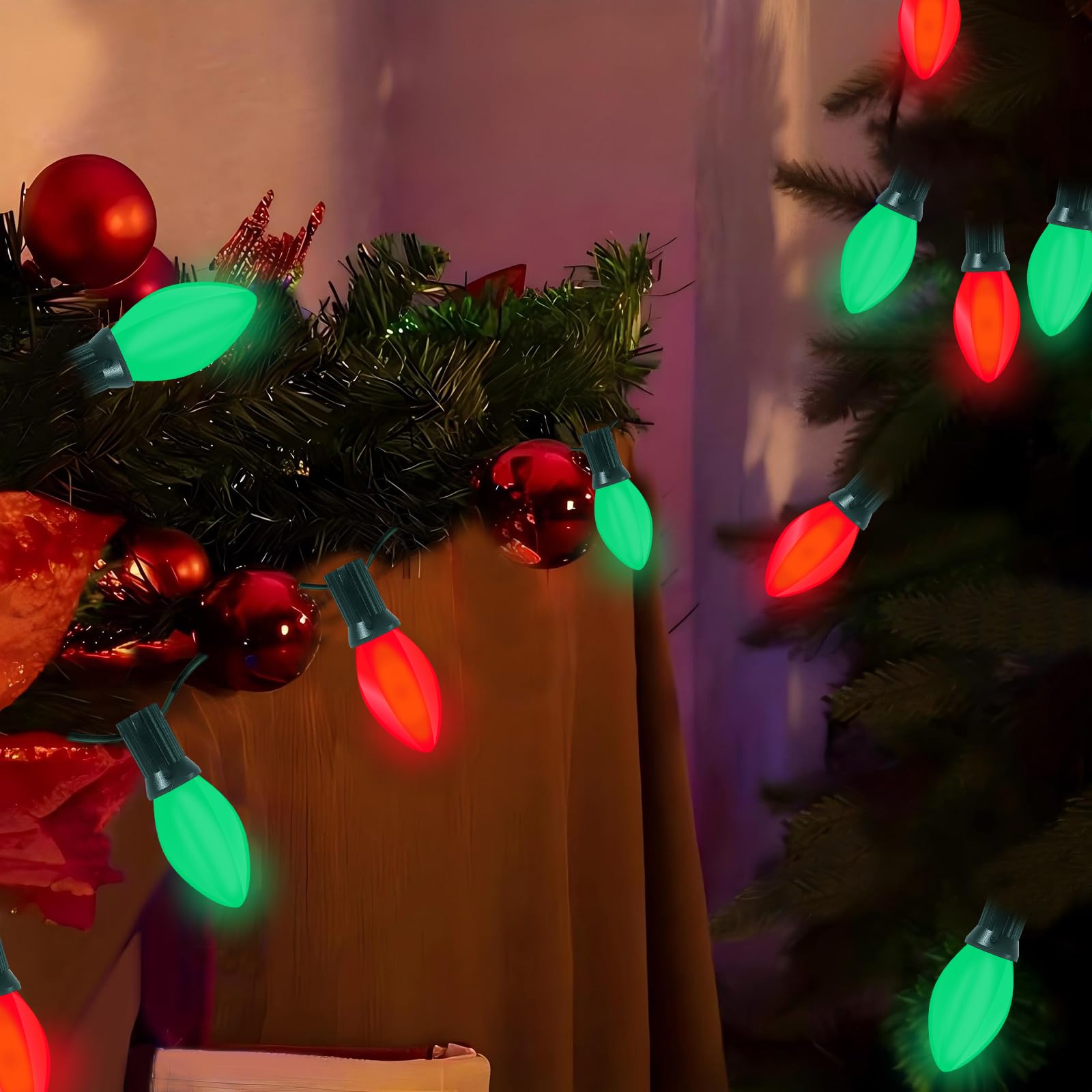 C7 Led Red And Green Christmas Lights, 25Ft Outdoor Christmas String Lights With 27 Led Red And Green Plastic Bulbs, Vintage Chr