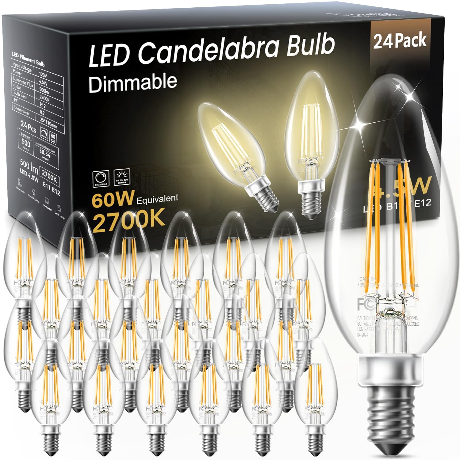 VOLIVO Dimmable E12 LED Candelabra Bulbs, 60W Equivalent, 2700K Warm White, 4.5W, 24 Pack