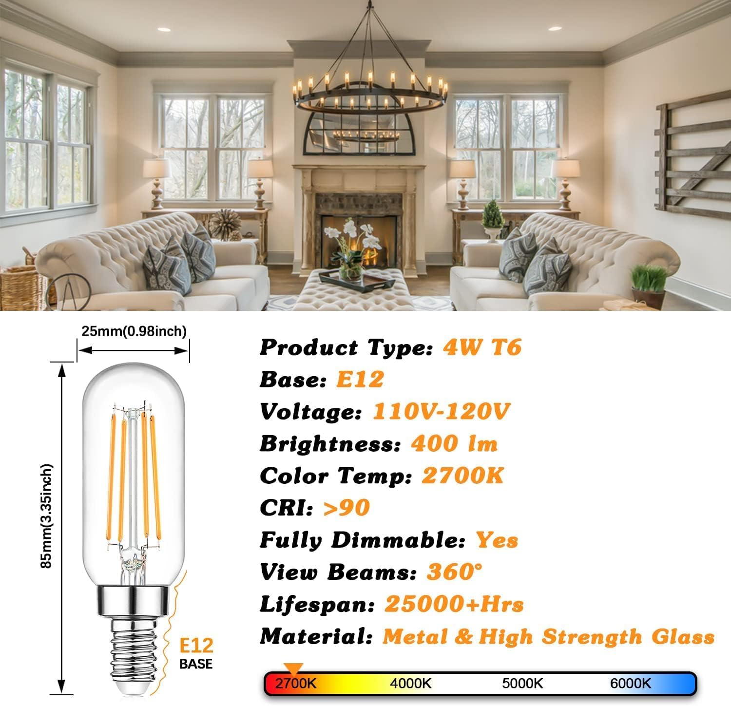Brightever E12 Edison LED Light Bulbs, Dimmable, 4W, 400lm, 2700K Warm White, 12 Count, Glass