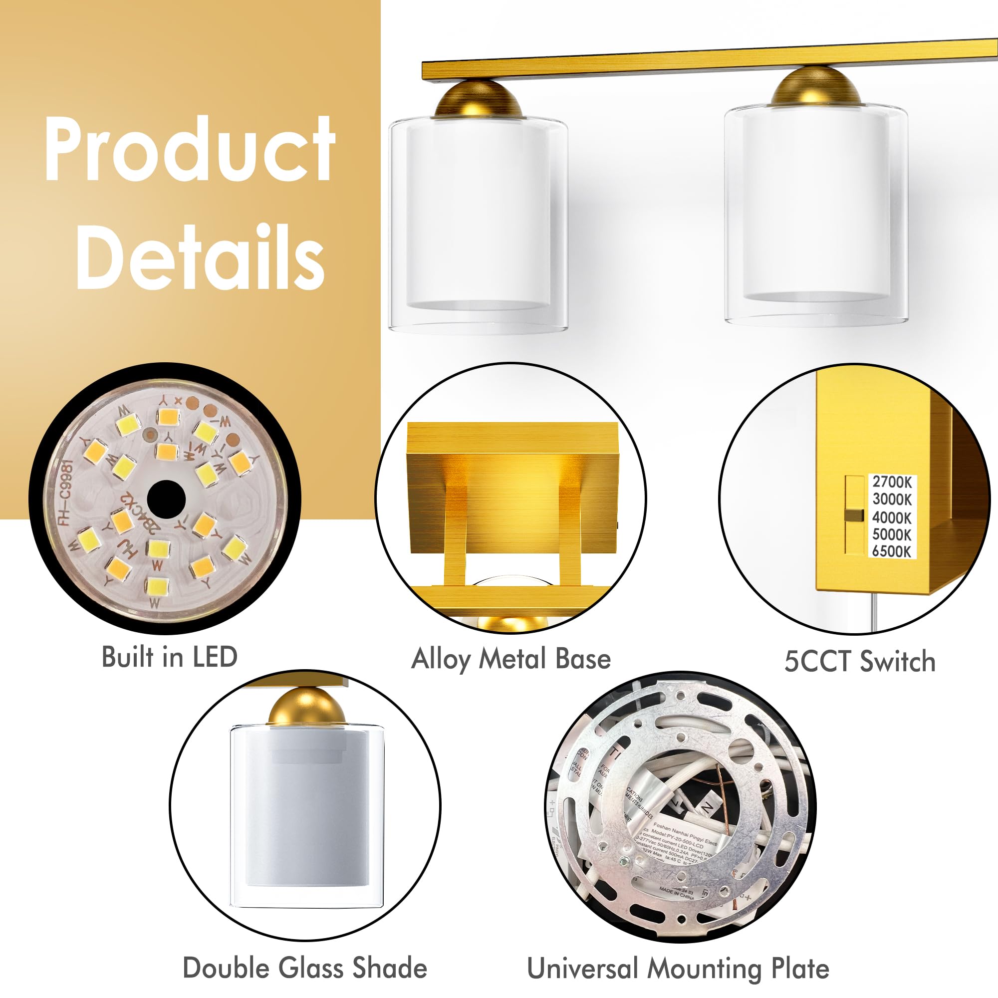 Quntis Gold Bathroom Light Fixtures, 5 Light LED Vanity Lights, Metal, 33 Inch, Milk White Frosted Glass, Model Q5G-MOD