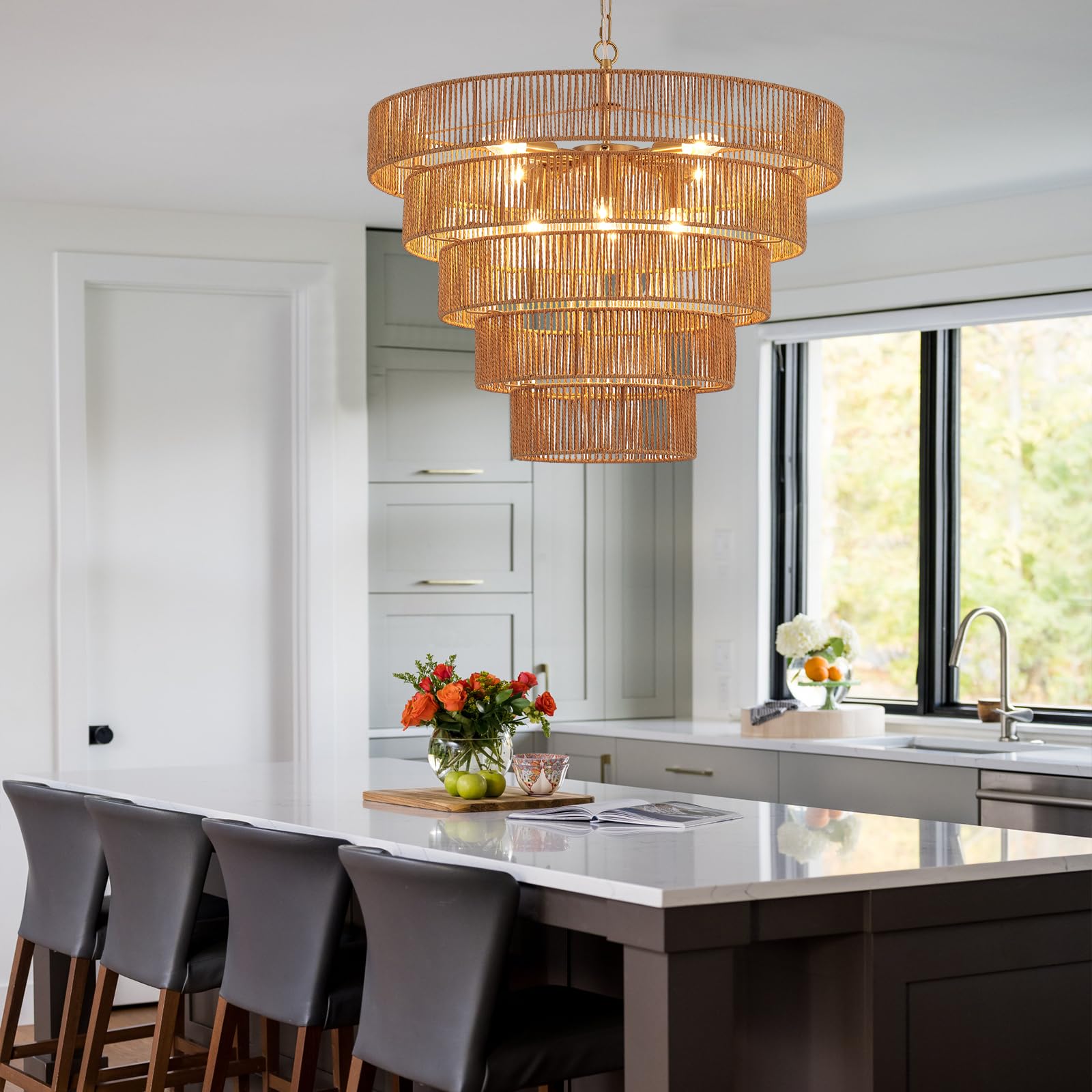 YOMECOO Rattan Chandelier - 25.6" Vintage 8-Lights Hand-Woven Gold Light Fixture for Dining Room, Kitchen, Living Room, Bedroom