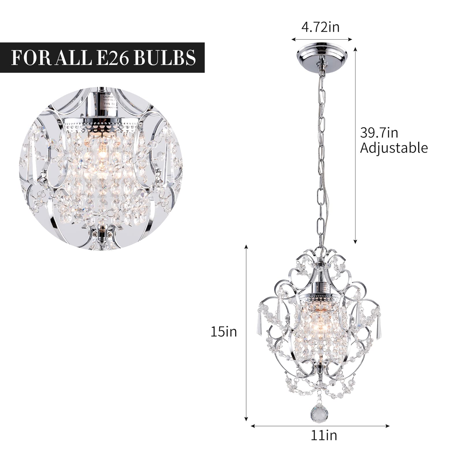 FLSFU Mini Chandelier Light Fixture, Chrome K9 Crystal Pendant for Bathroom, Dining Room, or Girls Room