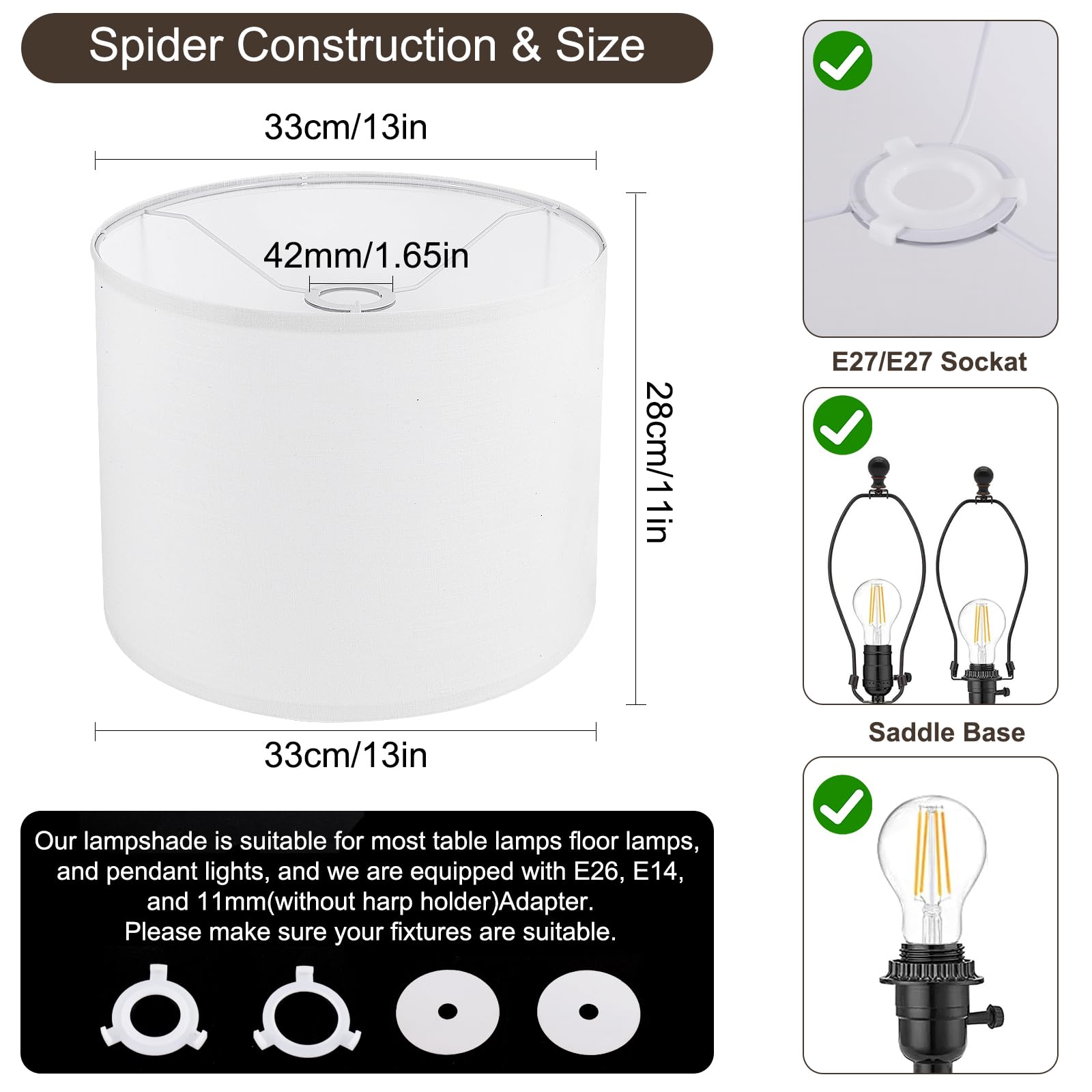 LEYINPEI White Large Drum Lampshade 13 x 11, Natural Linen Replacement Shade for Table & Floor Lamps, Easy Assembly